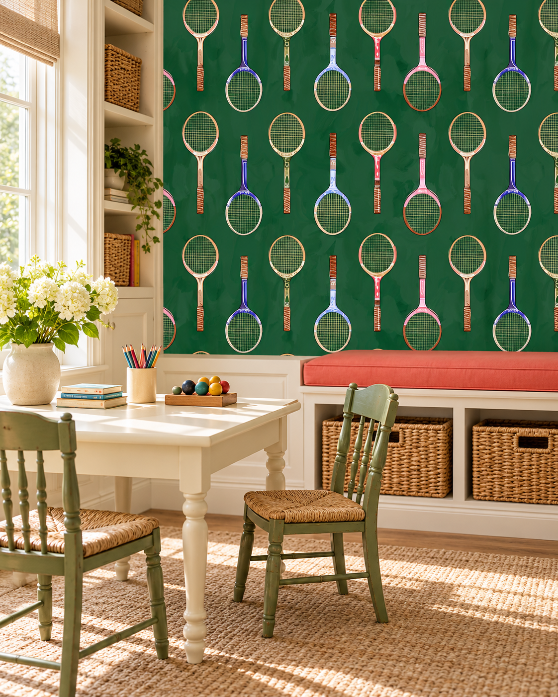 Matte wallpaper featuring hand-painted vintage wooden tennis rackets arranged in clean vertical stripes on a smooth traditional surface perfect fun kid's spaces