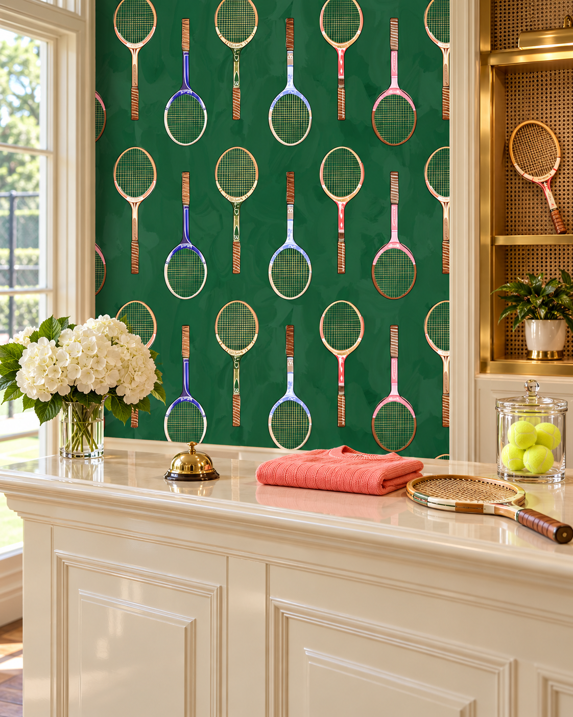 Performance vinyl wallpaper featuring illustrated wooden tennis rackets arranged in geometric vertical stripes on a smooth, washable surface perfect for clubhouse lounges and commercial spaces