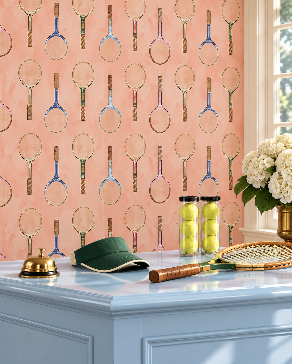 tennis racket stripe wallpaper, vintage tennis wallpaper, preppy wallpaper, kids sports wallpaper, traditional wallpaper, country club decor, racket pattern wallpaper, classic sports wallcovering, geometric tennis wallpaper