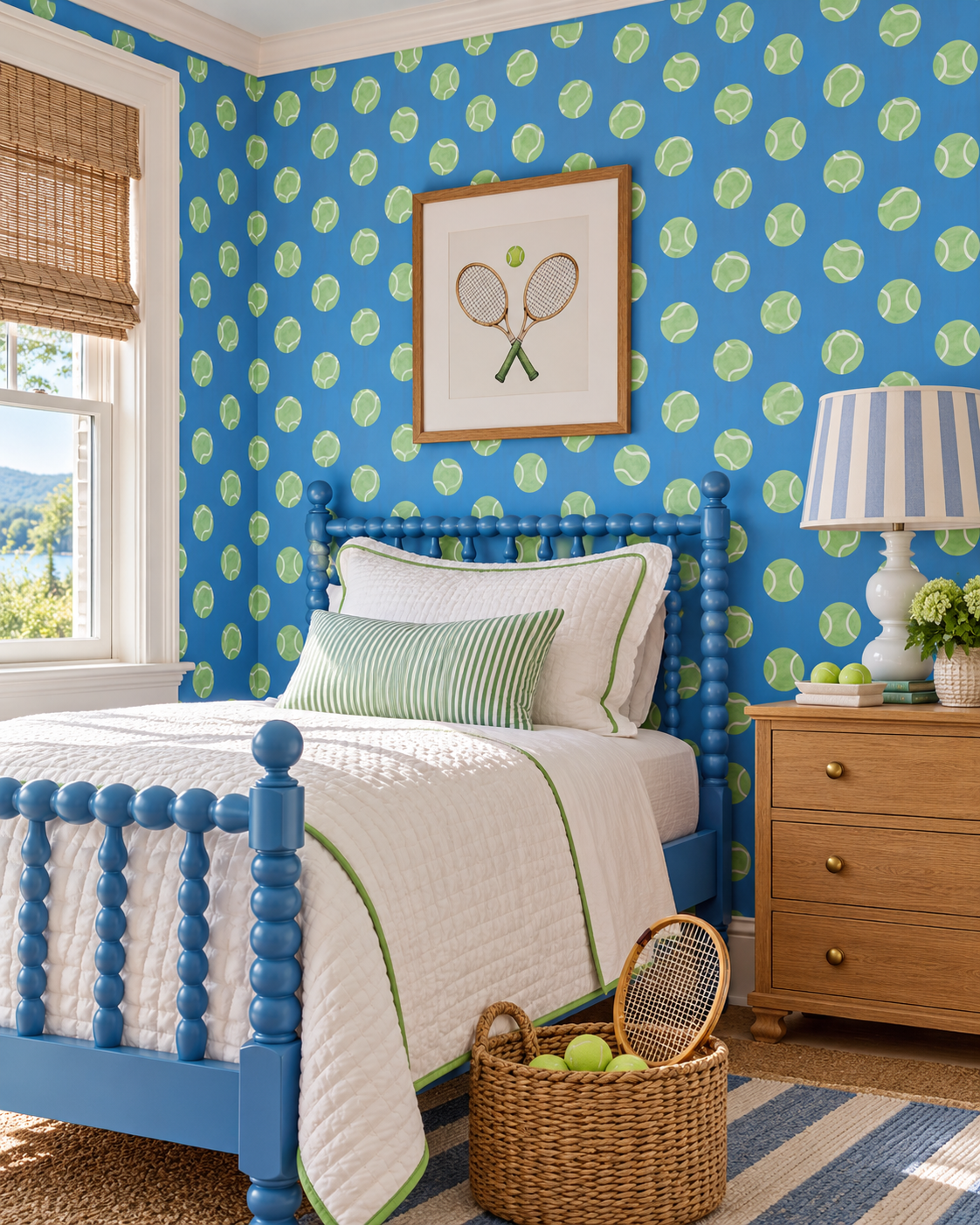 A styled bedroom featuring bright blue wallpaper with a green tennis ball pattern, a blue wooden spindle bed, a striped blue and white lamp, and a wicker basket of tennis rackets and balls on the floor. tennis topspin wallpaper, tennis ball wallpaper, kids sports wallpaper, watercolor tennis print, preppy wallpaper, playful geometric wallpaper, tennis bathroom wallpaper, classic matte wall covering, bright blue with neon green tennis ball polka dots