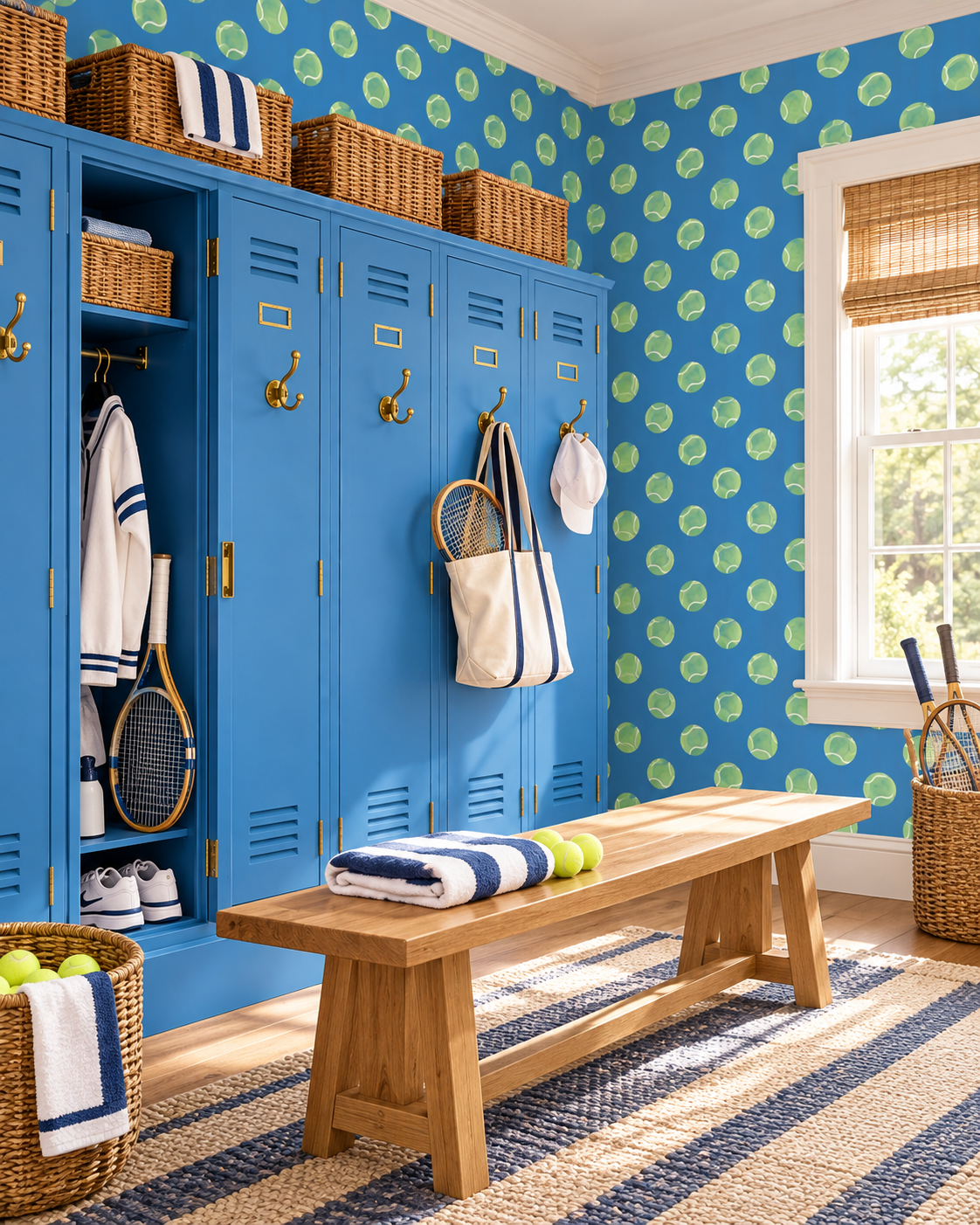 A bright, styled tennis-themed locker room featuring bright blue wooden lockers, blue-and-white patterned wallpaper, a wooden bench, and various tennis accessories including rackets, towels, and balls. ennis topspin vinyl wallpaper, textured vinyl wallpaper, washable sports wallpaper, commercial grade tennis wallpaper, kids tennis room wallpaper, tennis club wallpaper, grand slam color wallpaper, durable vinyl wallcovering, bright blue and neon green tennis polka dot wall covering