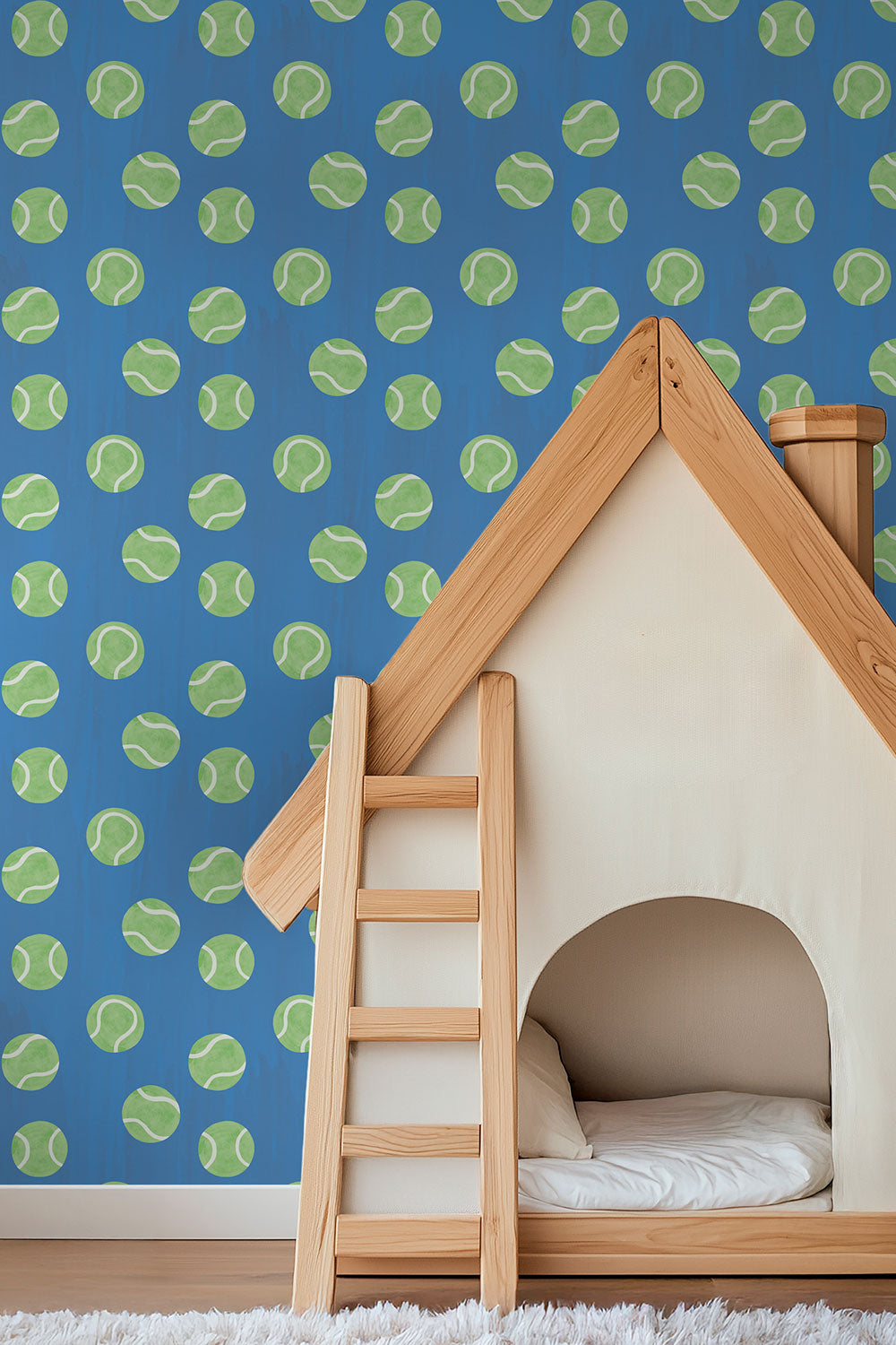 tennis topspin vinyl wallpaper, textured vinyl wallpaper, washable sports wallpaper, commercial grade tennis wallpaper, kids tennis room wallpaper, tennis club wallpaper, grand slam color wallpaper, durable vinyl wallcovering, bright blue and neon green tennis polka dot wall covering