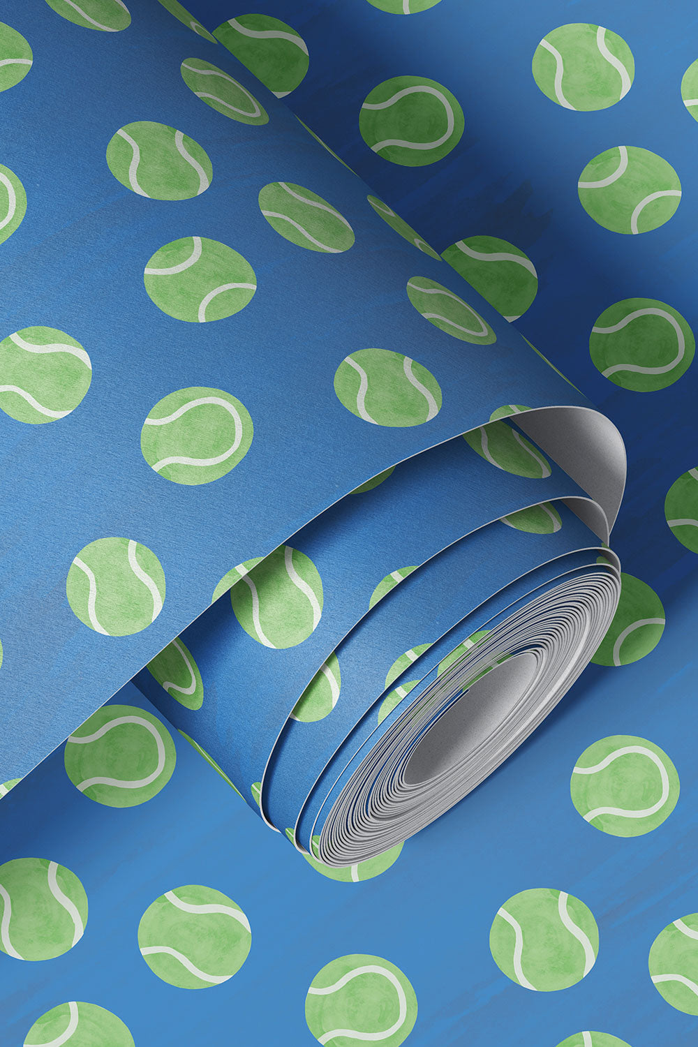 tennis topspin vinyl wallpaper, textured vinyl wallpaper, washable sports wallpaper, commercial grade tennis wallpaper, kids tennis room wallpaper, tennis club wallpaper, grand slam color wallpaper, durable vinyl wallcovering, bright blue and neon green tennis polka dot wall covering