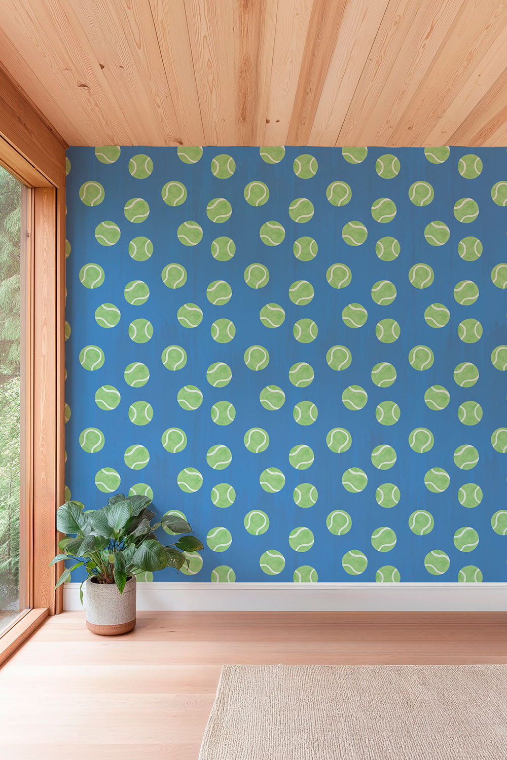 tennis topspin wallpaper, tennis ball wallpaper, kids sports wallpaper, watercolor tennis print, preppy wallpaper, playful geometric wallpaper, tennis bathroom wallpaper, classic matte wall covering, bright blue with neon green tennis ball polka dots