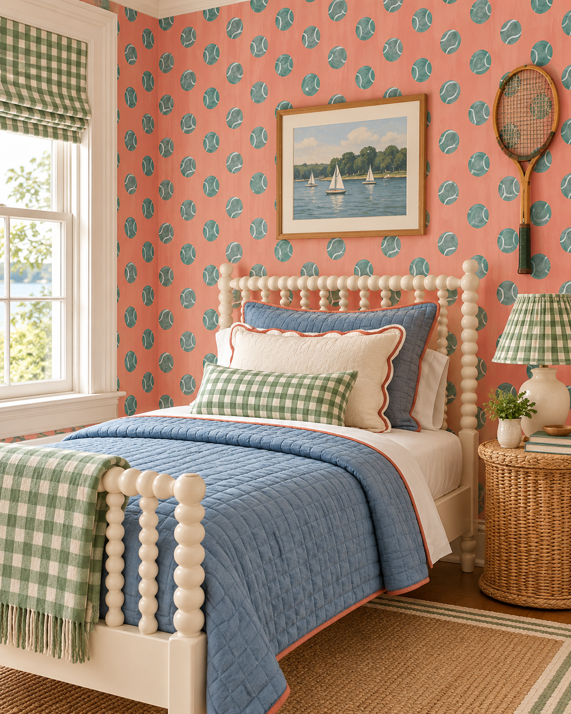 A styled bedroom featuring coral pink wallpaper with a teal tennis ball pattern, a white wooden spindle bed, blue quilted bedding, and a green and white gingham throw blanket. tennis topspin wallpaper, tennis ball wallpaper, kids sports wallpaper, watercolor tennis print, preppy wallpaper, playful geometric wallpaper, tennis bathroom wallpaper, classic matte wall covering, clay pink with moss green tennis ball polka dots