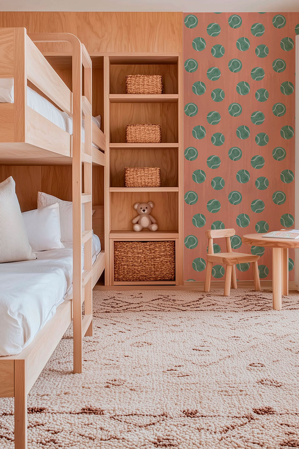 tennis topspin vinyl wallpaper, textured vinyl wallpaper, washable sports wallpaper, commercial grade tennis wallpaper, kids tennis room wallpaper, tennis club wallpaper, grand slam color wallpaper, durable vinyl wallcovering, pink and green polka dot tennis ball wall covering