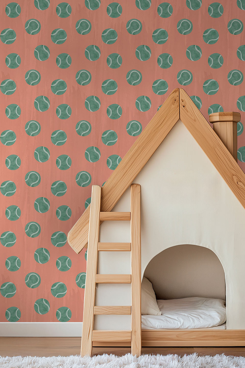 tennis topspin wallpaper, tennis ball wallpaper, kids sports wallpaper, watercolor tennis print, preppy wallpaper, playful geometric wallpaper, tennis bathroom wallpaper, classic matte wall covering, clay pink with moss green tennis ball polka dots