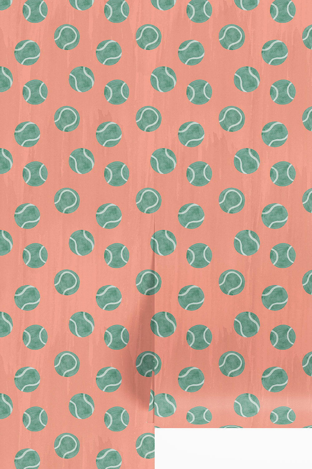 tennis topspin wallpaper, tennis ball wallpaper, kids sports wallpaper, watercolor tennis print, preppy wallpaper, playful geometric wallpaper, tennis bathroom wallpaper, classic matte wall covering, clay pink with moss green tennis ball polka dots