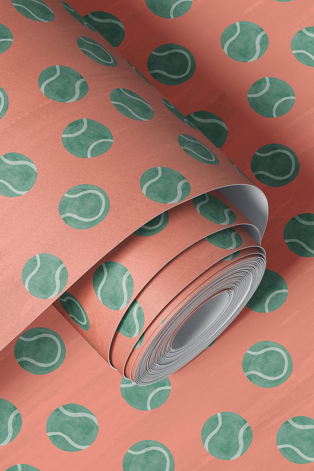 tennis topspin vinyl wallpaper, textured vinyl wallpaper, washable sports wallpaper, commercial grade tennis wallpaper, kids tennis room wallpaper, tennis club wallpaper, grand slam color wallpaper, durable vinyl wallcovering, pink and green polka dot tennis ball wall covering