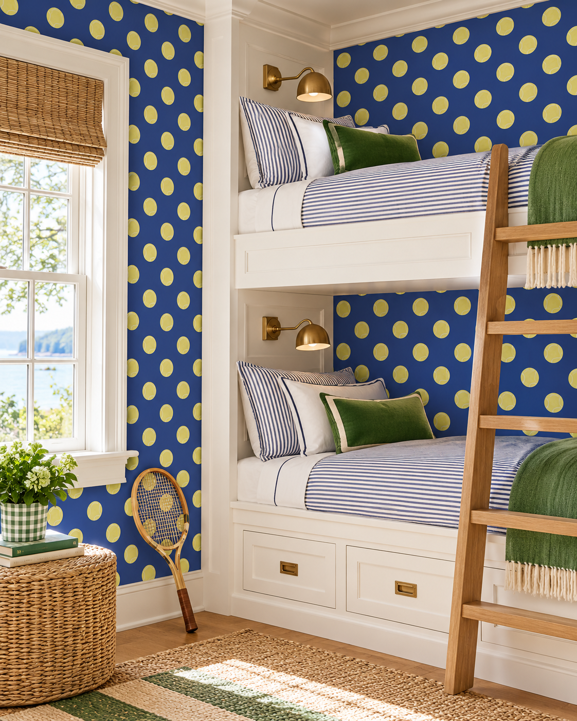 A styled children's bedroom featuring a white built-in bunk bed with striped bedding and green pillows, set against royal blue wallpaper with yellow polka dots. A wooden ladder is attached to the right side of the bunk bed, and a woven wicker side table with a plant and tennis racket sits on the floor next to a window. tennis topspin wallpaper, tennis ball wallpaper, kids sports wallpaper, watercolor tennis print, preppy wallpaper, playful geometric wallpaper, tennis bathroom wallpaper, classic matte wall c