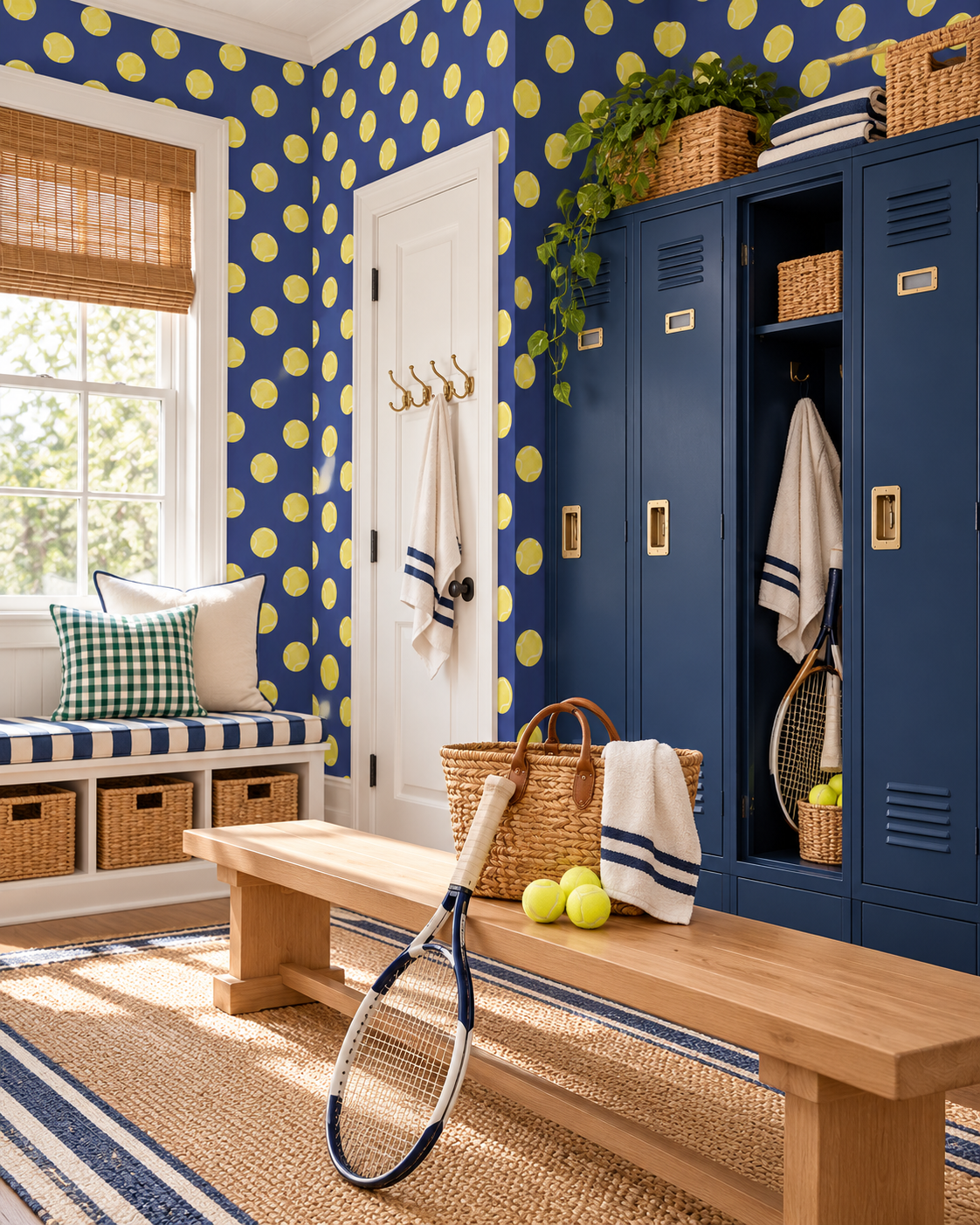 A bright, stylish tennis-themed room featuring blue and yellow polka dot wallpaper, navy blue lockers, a wooden bench, a woven rug, and tennis rackets and balls. tennis topspin vinyl wallpaper, textured vinyl wallpaper, washable sports wallpaper, commercial grade tennis wallpaper, kids tennis room wallpaper, tennis club wallpaper, grand slam color wallpaper, durable vinyl wallcovering, Wimbledon dark blue and bright yellow tennis ball polka dot wall covering