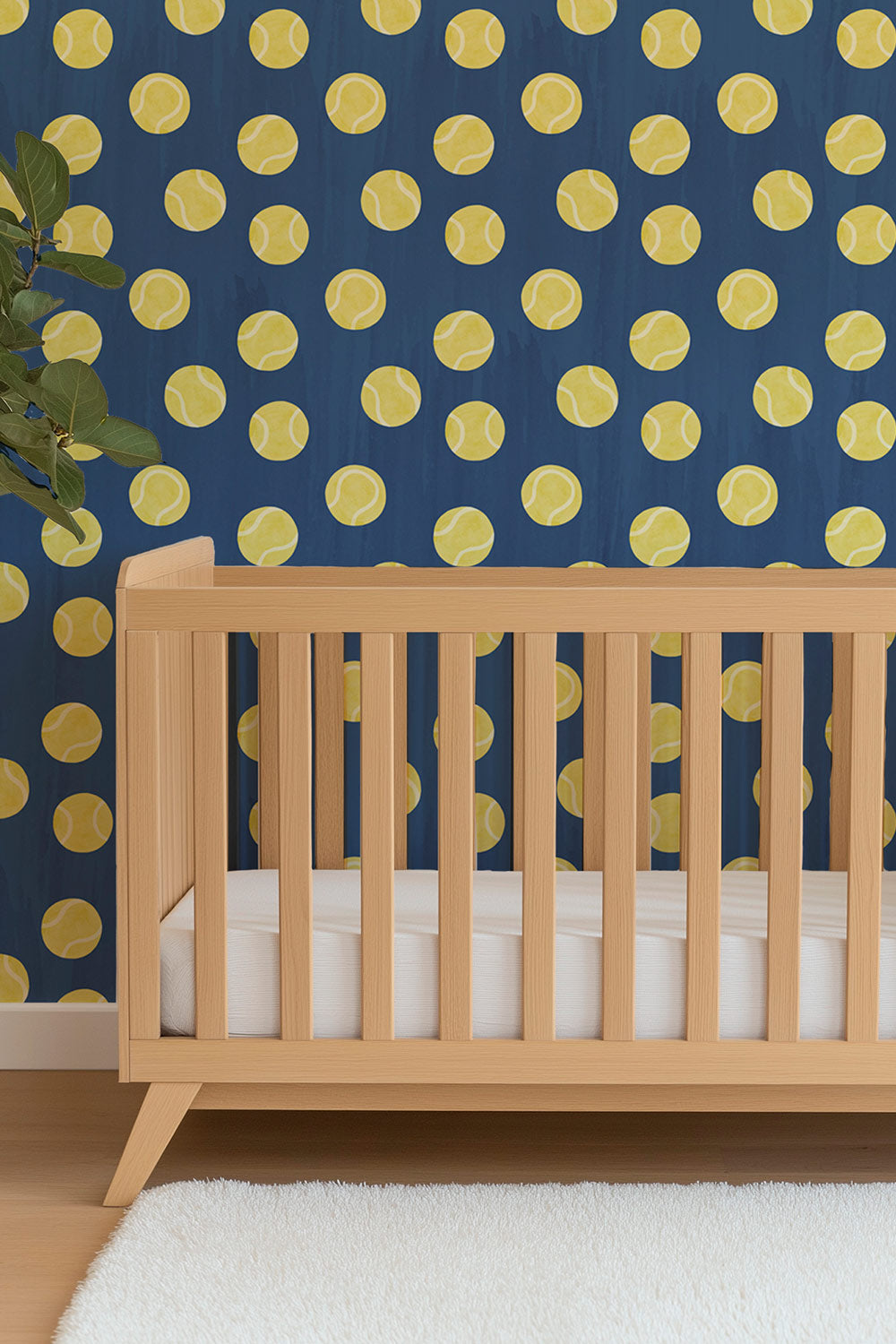 tennis topspin vinyl wallpaper, textured vinyl wallpaper, washable sports wallpaper, commercial grade tennis wallpaper, kids tennis room wallpaper, tennis club wallpaper, grand slam color wallpaper, durable vinyl wallcovering, Wimbledon dark blue and bright yellow tennis ball polka dot wall covering
