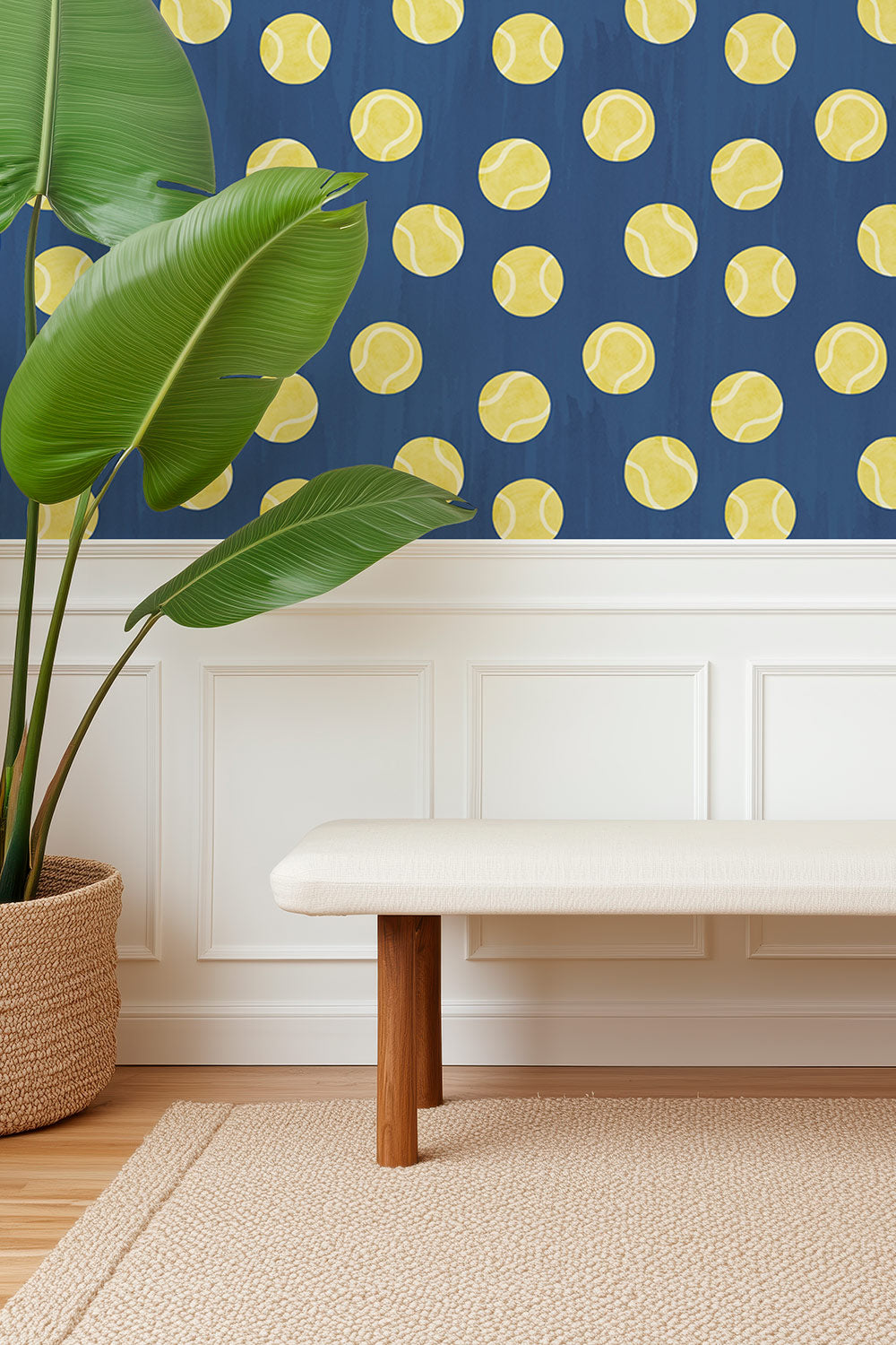 tennis topspin wallpaper, tennis ball wallpaper, kids sports wallpaper, watercolor tennis print, preppy wallpaper, playful geometric wallpaper, tennis bathroom wallpaper, classic matte wall covering, wimbledon dark blue and bright yellow tennis ball polka dots