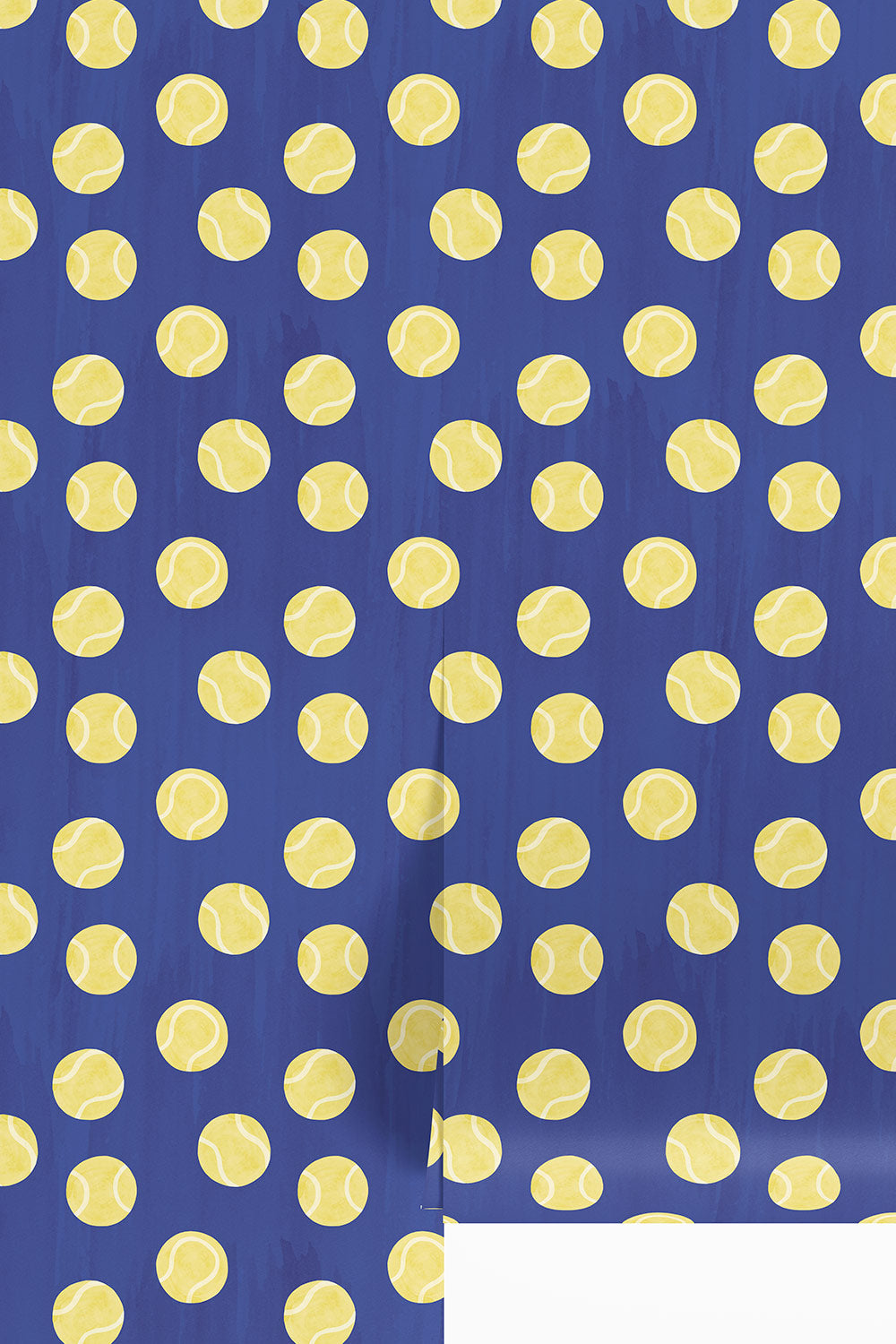 tennis topspin wallpaper, tennis ball wallpaper, kids sports wallpaper, watercolor tennis print, preppy wallpaper, playful geometric wallpaper, tennis bathroom wallpaper, classic matte wall covering, wimbledon dark blue and bright yellow tennis ball polka dots
