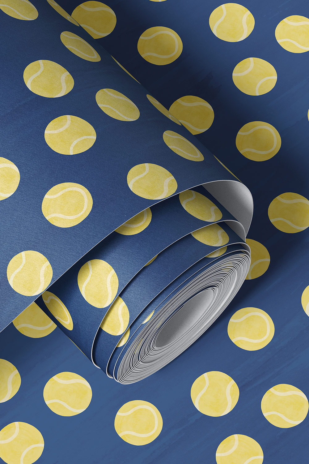 tennis topspin vinyl wallpaper, textured vinyl wallpaper, washable sports wallpaper, commercial grade tennis wallpaper, kids tennis room wallpaper, tennis club wallpaper, grand slam color wallpaper, durable vinyl wallcovering, Wimbledon dark blue and bright yellow tennis ball polka dot wall covering