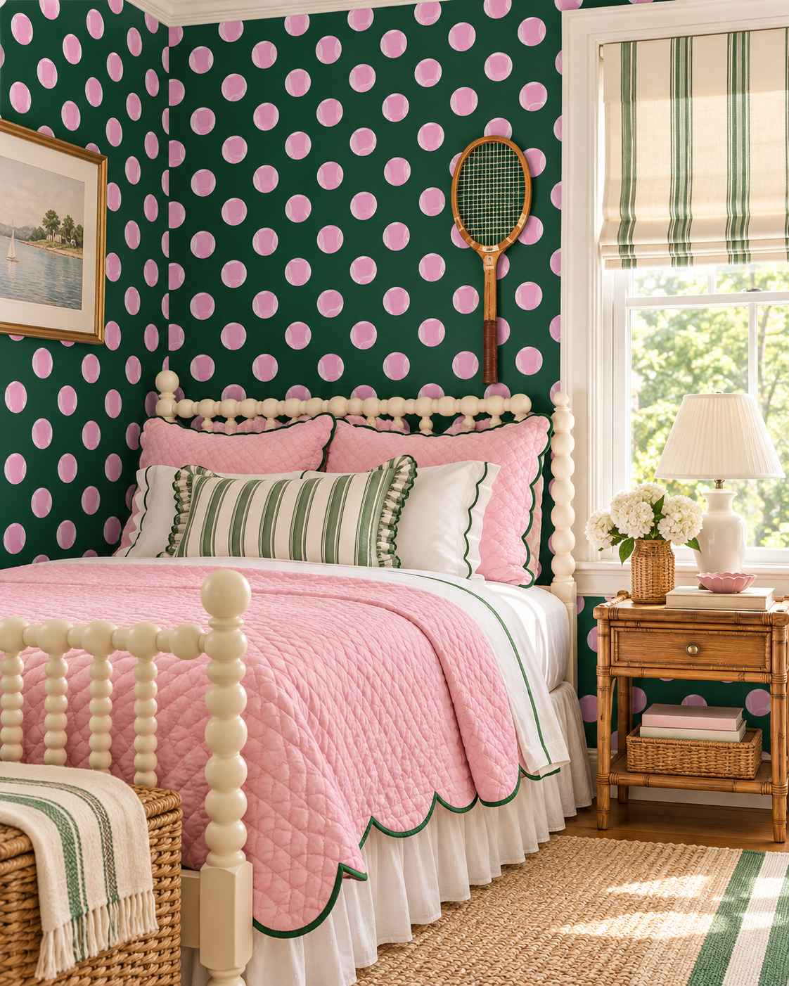 tennis topspin wallpaper, tennis ball wallpaper, kids sports wallpaper, watercolor tennis print, preppy wallpaper, playful geometric wallpaper, tennis bathroom wallpaper, classic matte wall covering, wimbledon dark green and bright pink purple tennis ball polka dots; girl's tennis inspired bedroom