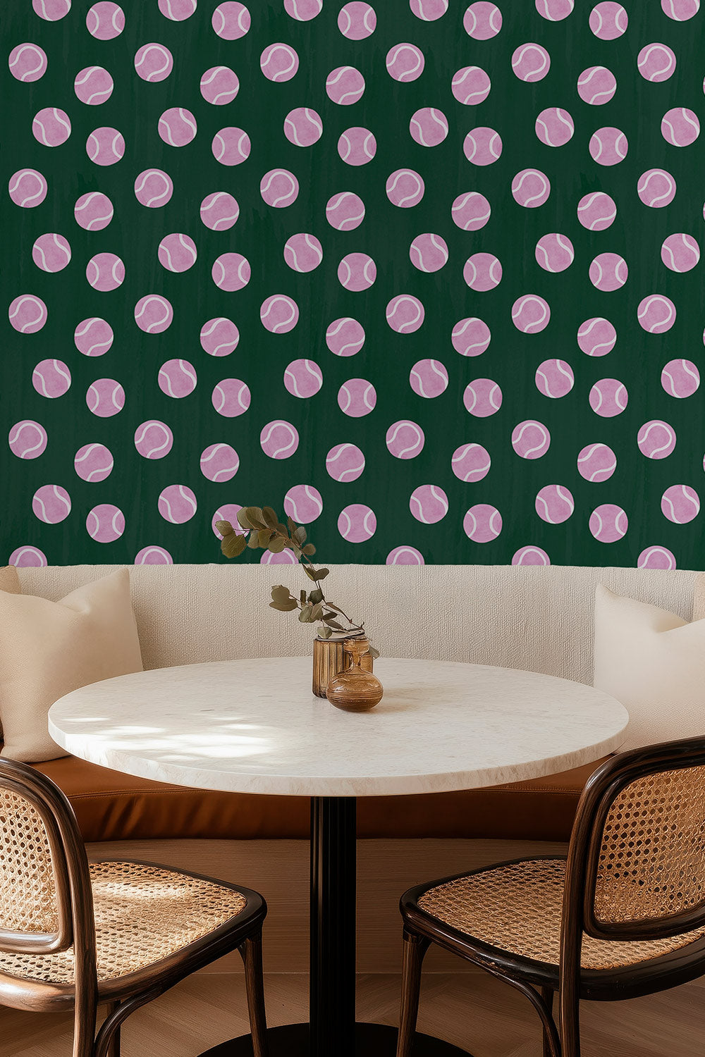 tennis topspin vinyl wallpaper, textured vinyl wallpaper, washable sports wallpaper, commercial grade tennis wallpaper, kids tennis room wallpaper, tennis club wallpaper, grand slam color wallpaper, durable vinyl wallcovering, Wimbledon dark green and pink and purple tennis ball polka dot wall covering