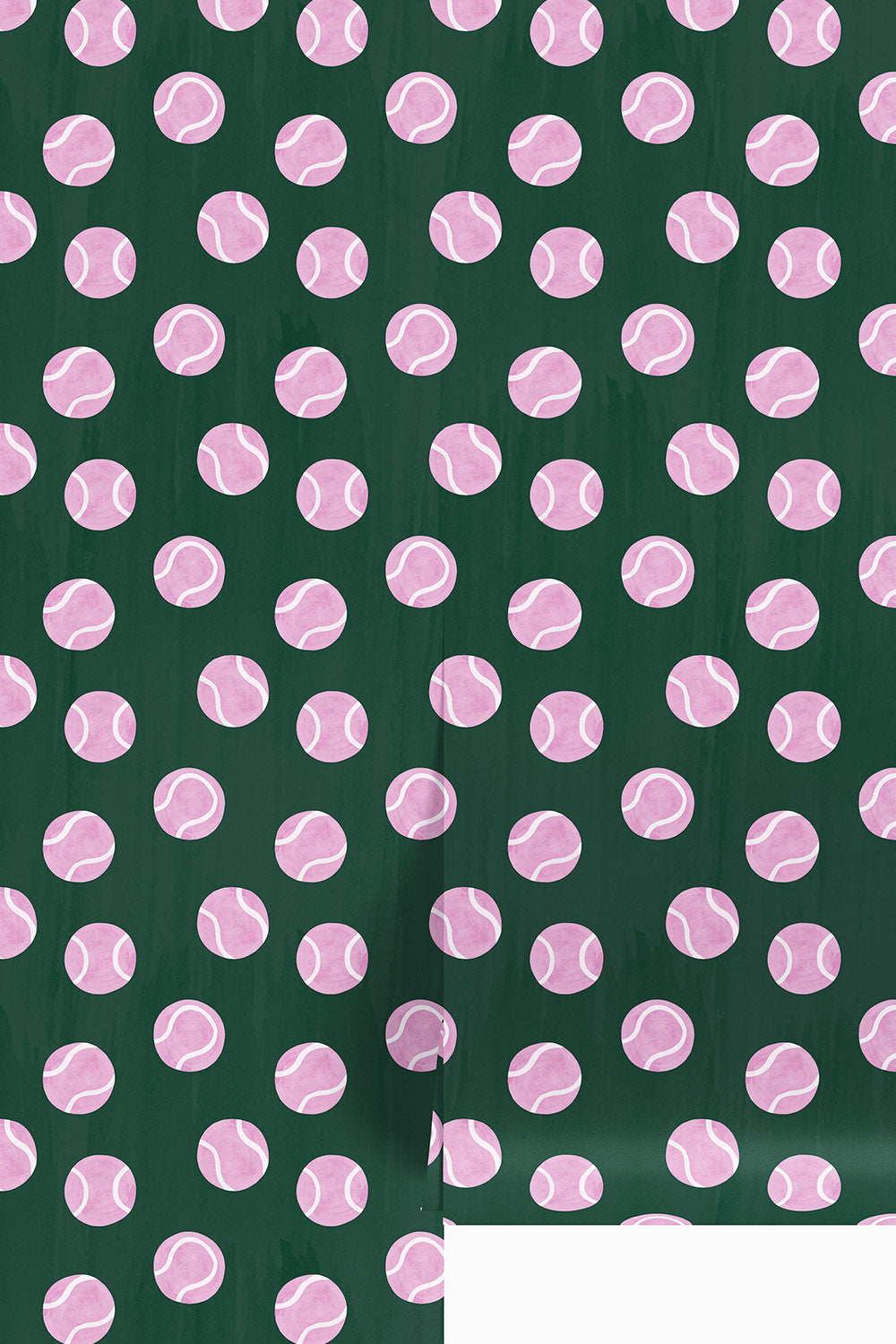 tennis topspin wallpaper, tennis ball wallpaper, kids sports wallpaper, watercolor tennis print, preppy wallpaper, playful geometric wallpaper, tennis bathroom wallpaper, classic matte wall covering, wimbledon dark green and bright pink purple tennis ball polka dots