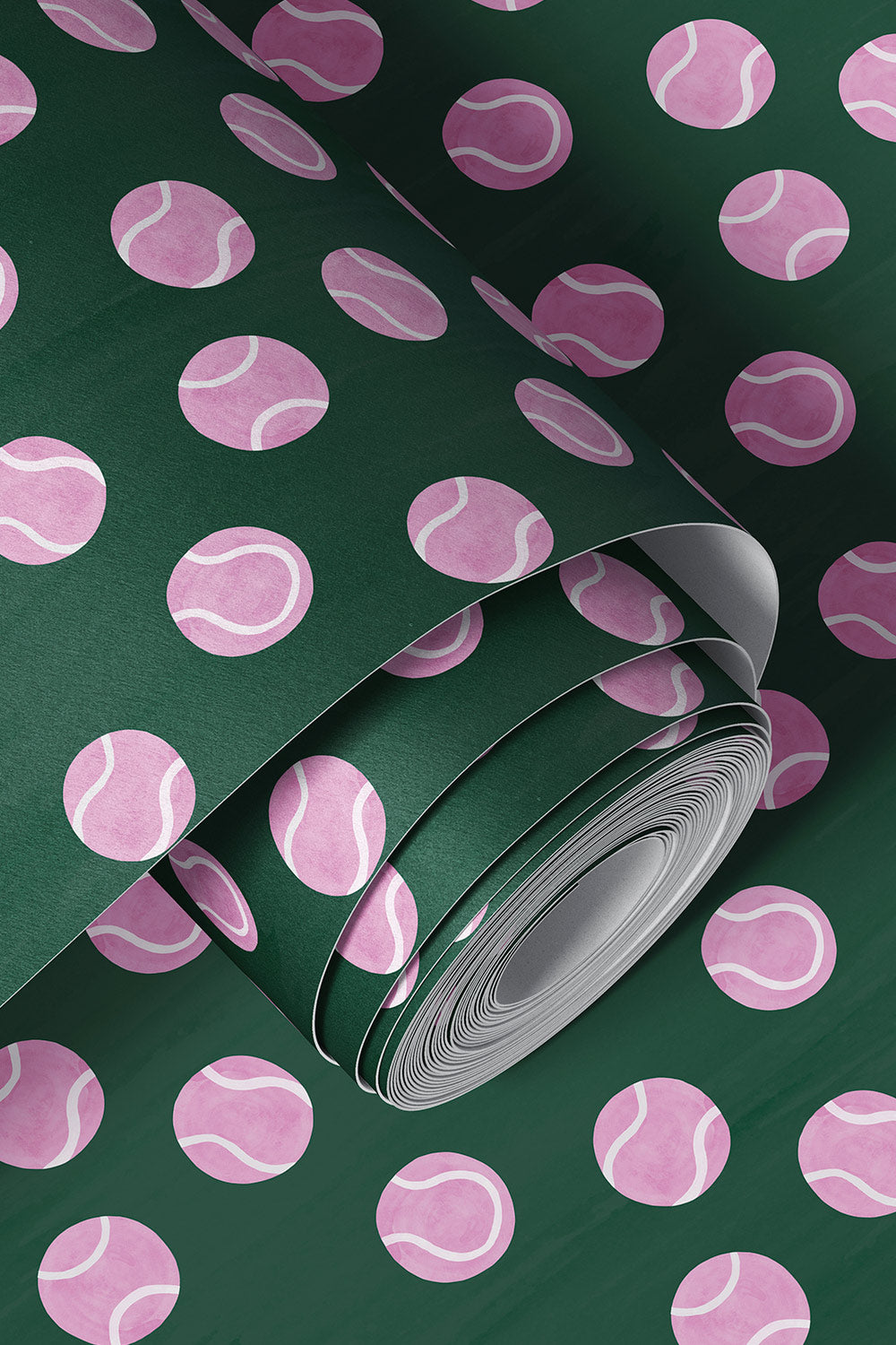tennis topspin vinyl wallpaper, textured vinyl wallpaper, washable sports wallpaper, commercial grade tennis wallpaper, kids tennis room wallpaper, tennis club wallpaper, grand slam color wallpaper, durable vinyl wallcovering, Wimbledon dark green and pink and purple tennis ball polka dot wall covering
