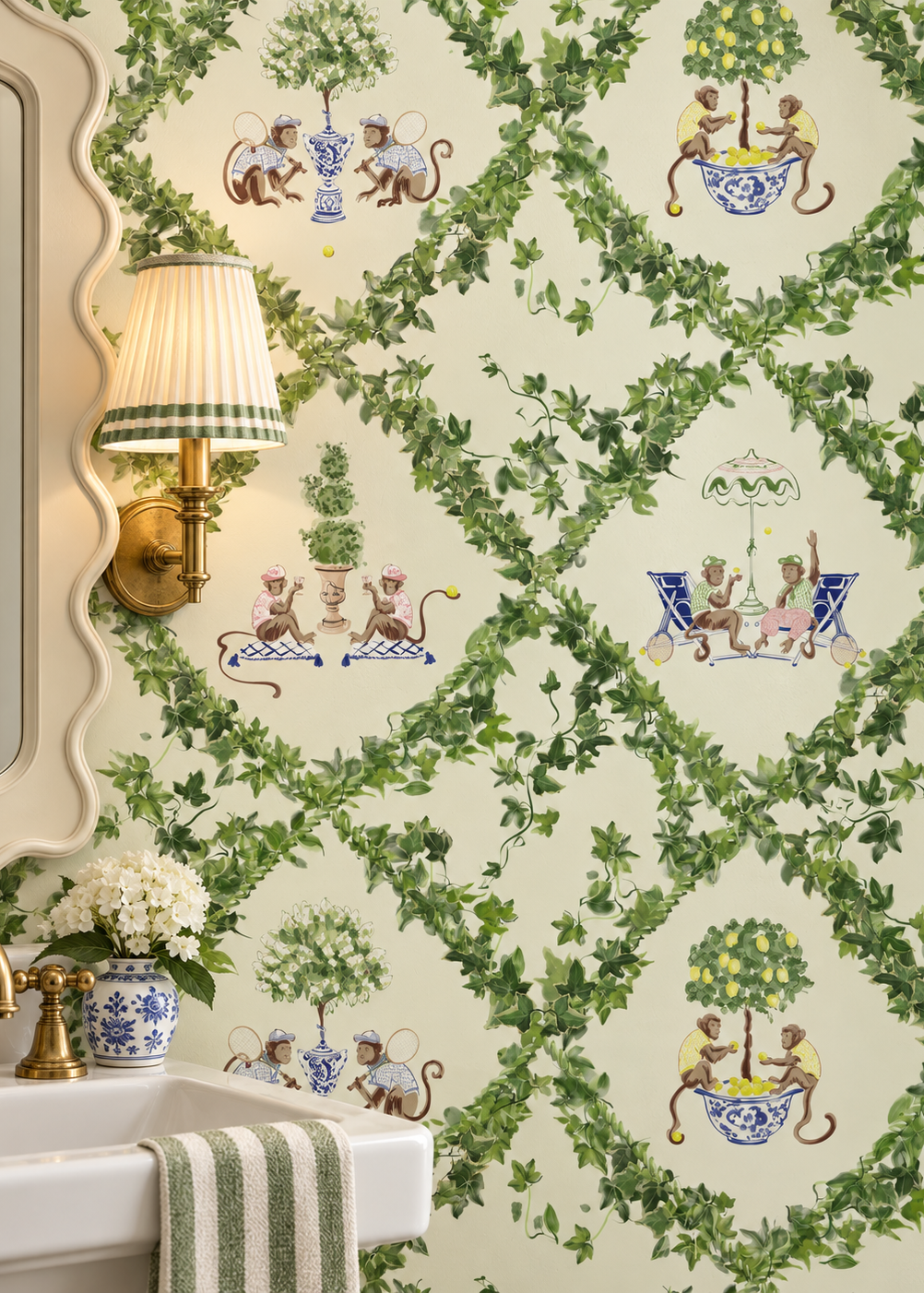 Chinoiserie Inspired Tennis Champs & Chintz monkey with botanical ivy patterned wallpaper in luxury traditional powder room printed on performance vinyl washable and stain resistant wallpaper