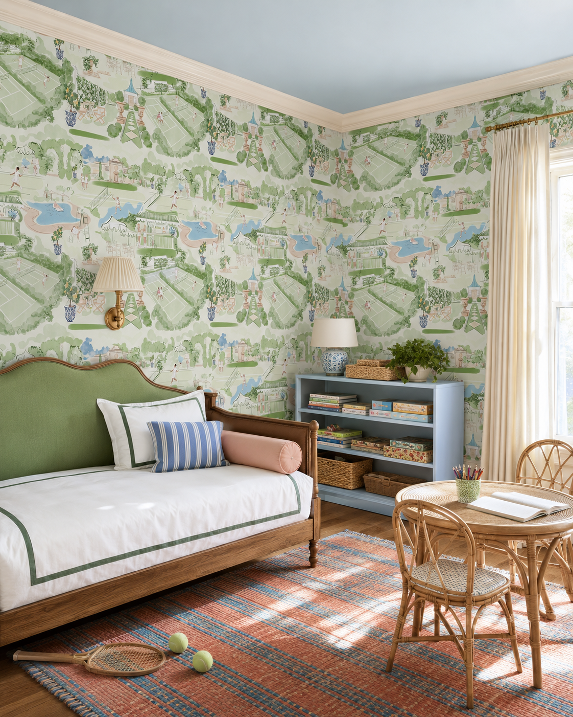 Tennis Club Toile traditional wallpaper featuring hand-drawn country club scenes including tennis matches, gardens, poolside lounging, and cabana moments printed on elevated wall coverings