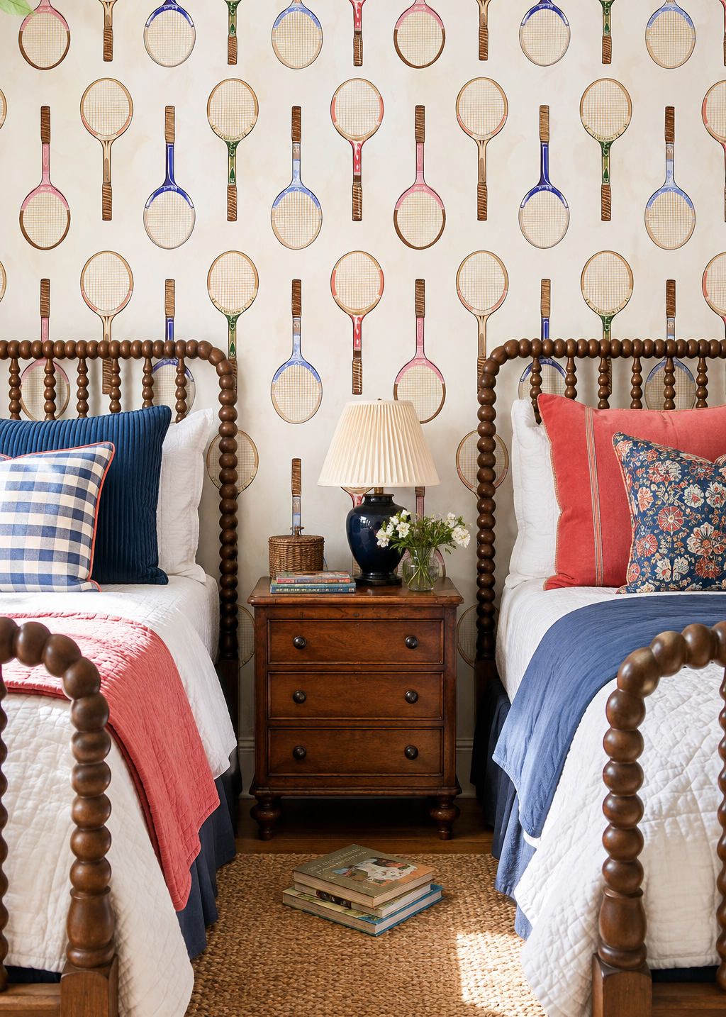 Matte wallpaper featuring hand-painted vintage wooden tennis rackets arranged in clean vertical stripes on a smooth traditional surface perfect for kid's bedrooms
