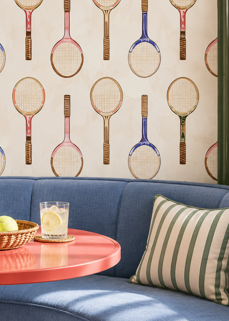 Performance vinyl wallpaper featuring illustrated wooden tennis rackets arranged in geometric vertical stripes on a smooth, washable surface perfect for high traffic tennis club lounges and restaurants