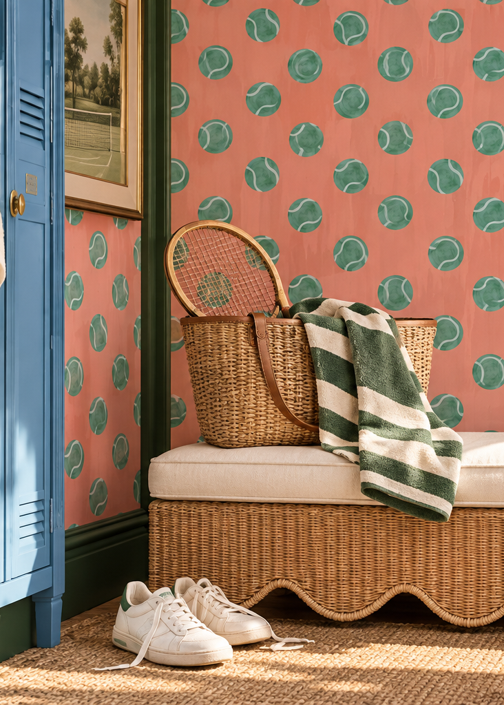 tennis topspin vinyl wallpaper, textured vinyl wallpaper, washable sports wallpaper, commercial grade tennis wallpaper, kids tennis room wallpaper, tennis club wallpaper, grand slam color wallpaper, durable vinyl wallcovering, pink and green polka dot tennis ball wall covering