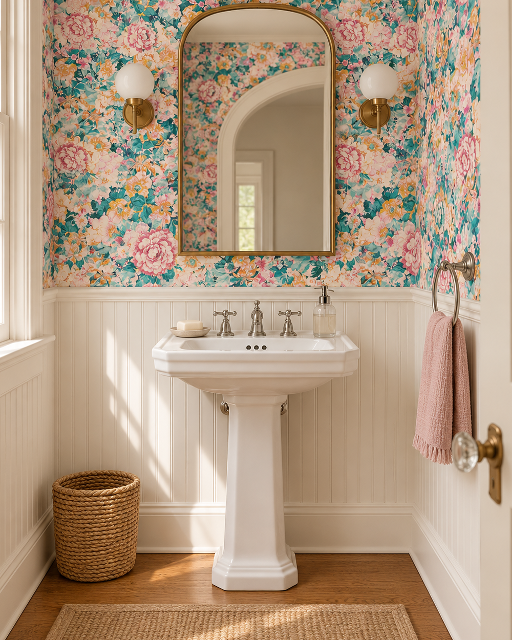A bright bathroom interior featuring a white pedestal sink beneath a gold-framed mirror, set against floral wallpaper with pink, blue, and yellow tones. White wainscoting lines the lower wall, with a woven basket on the floor, a pink towel hanging on a gold ring, and a light wood floor.
