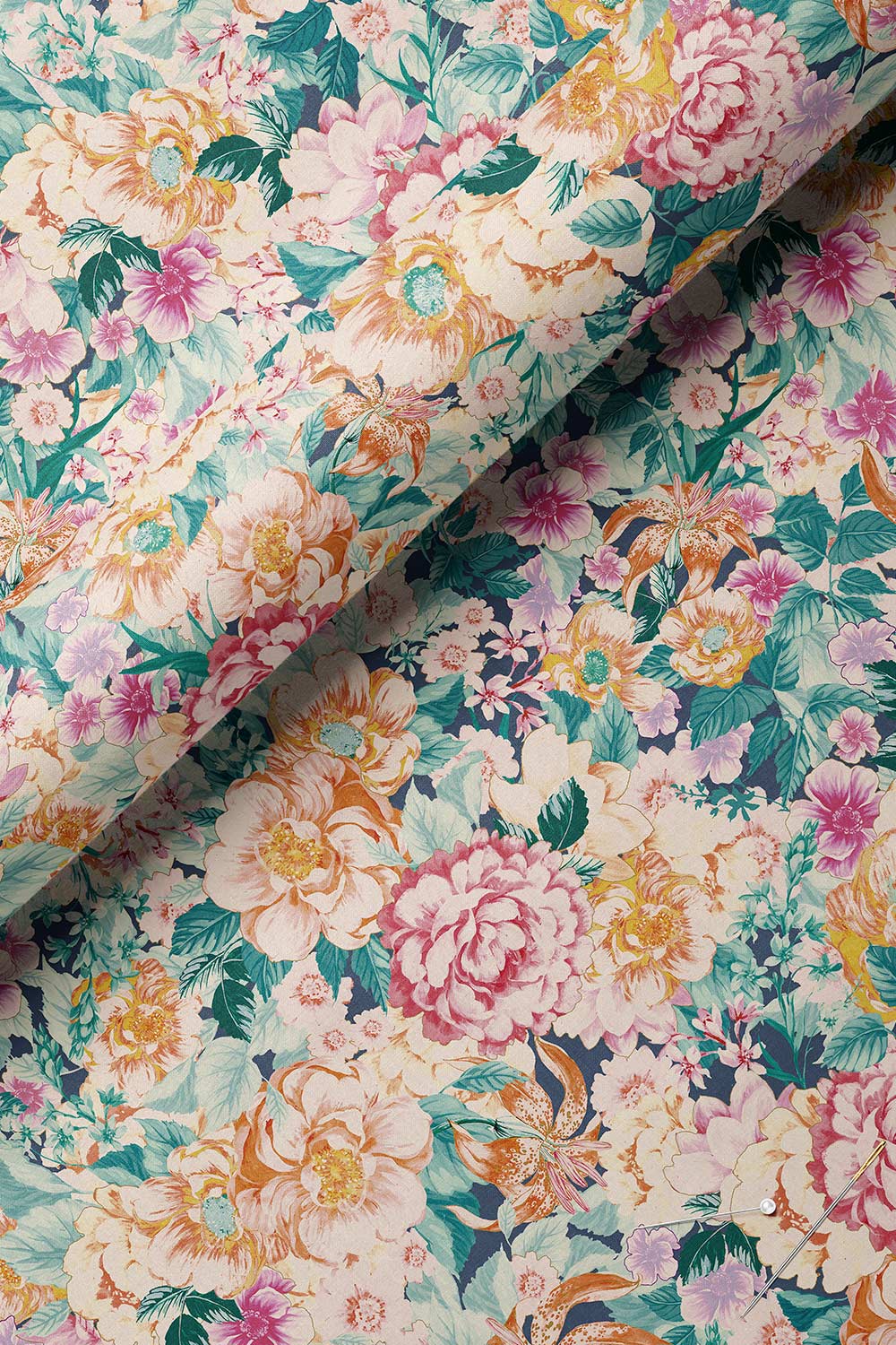 Bold vintage-inspired floral upholstery fabric featuring oversized blooms and rich detail for statement interiors.