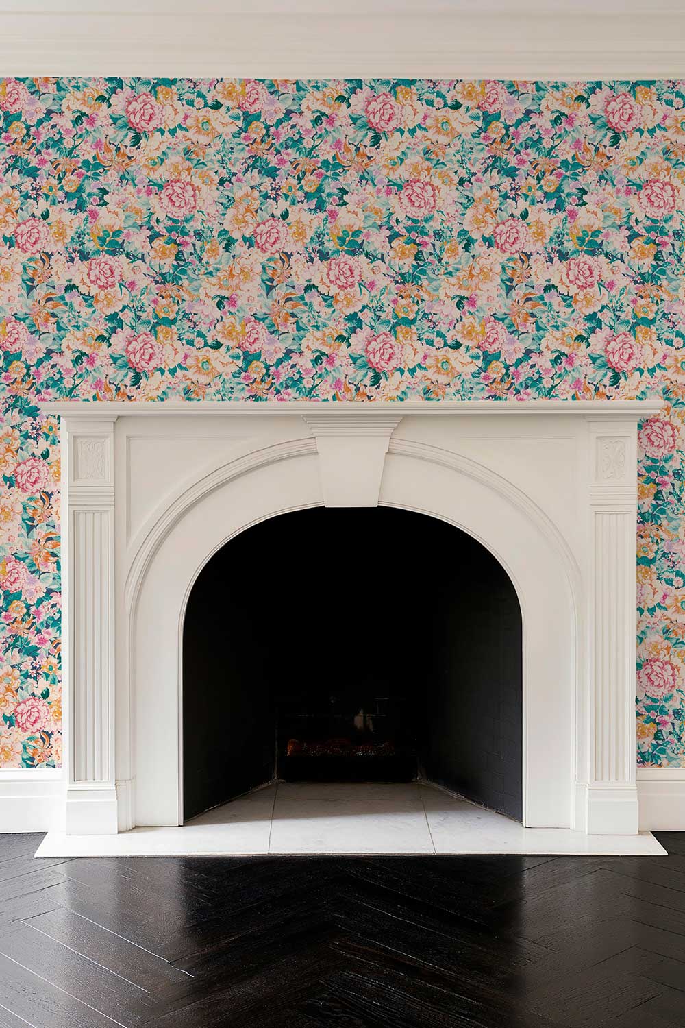 cottage core garden inspired flower wallpaper in high-end living room with fireplace printed on all-natural grass cloth wall covering