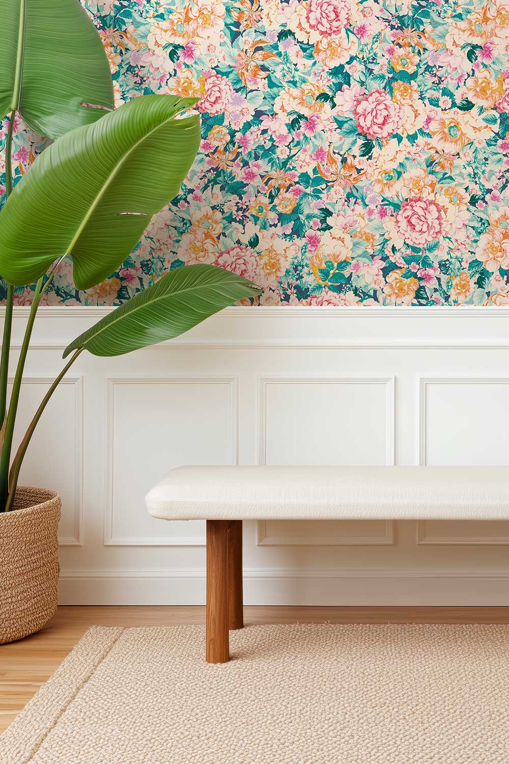 entryway with botanical flower wall covering in luxury all natural grass cloth