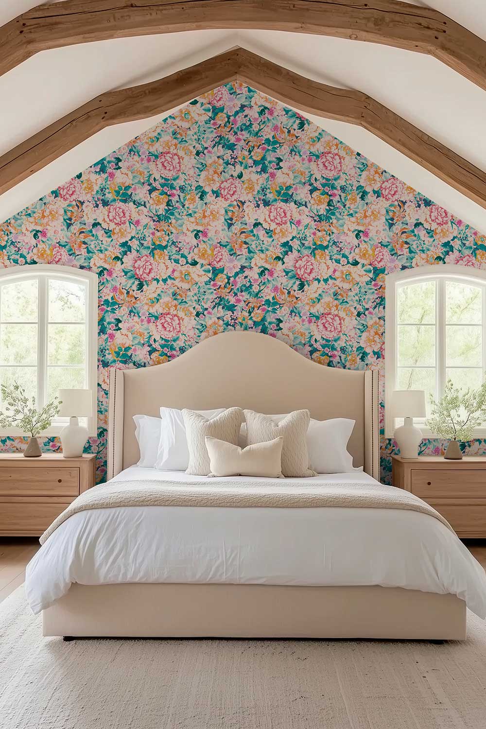 luxury master bedroom in cottage core house with garden inspired floral wallpaper printed on eco-friendly grass cloth wall-covering