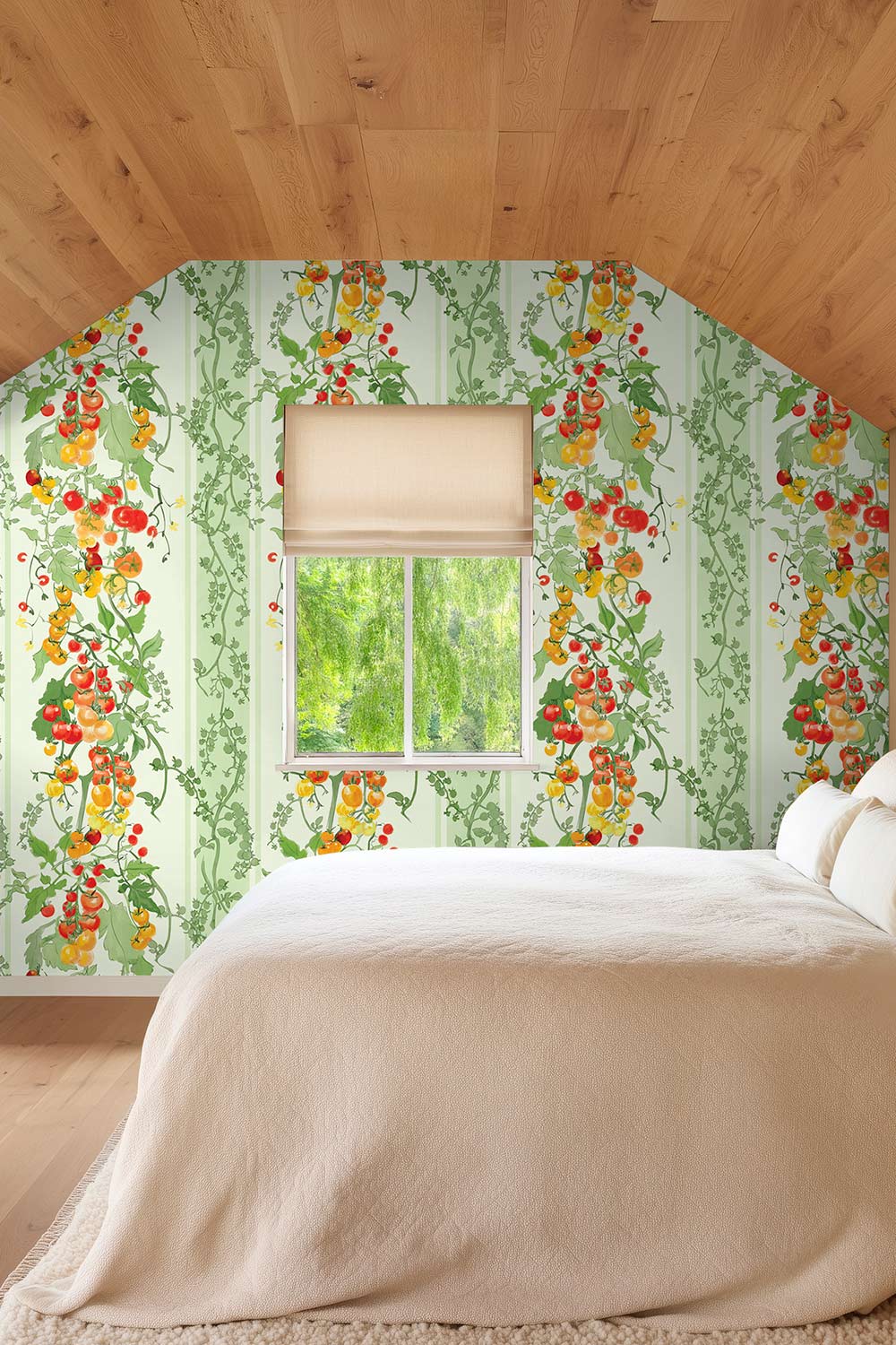 tomato wallpaper, vegetable wallpaper, stripe wallpaper, kitchen wallpaper, garden wallpaper, red green wallpaper, botanical stripe, farmers market wallpaper, kids wallpaper, watercolor wallpaper, luxury wallpaper; printed on all-natural and eco-friendly wall-covering grasscloth and paperweave; perfect for cottage bedrooms and guest suites