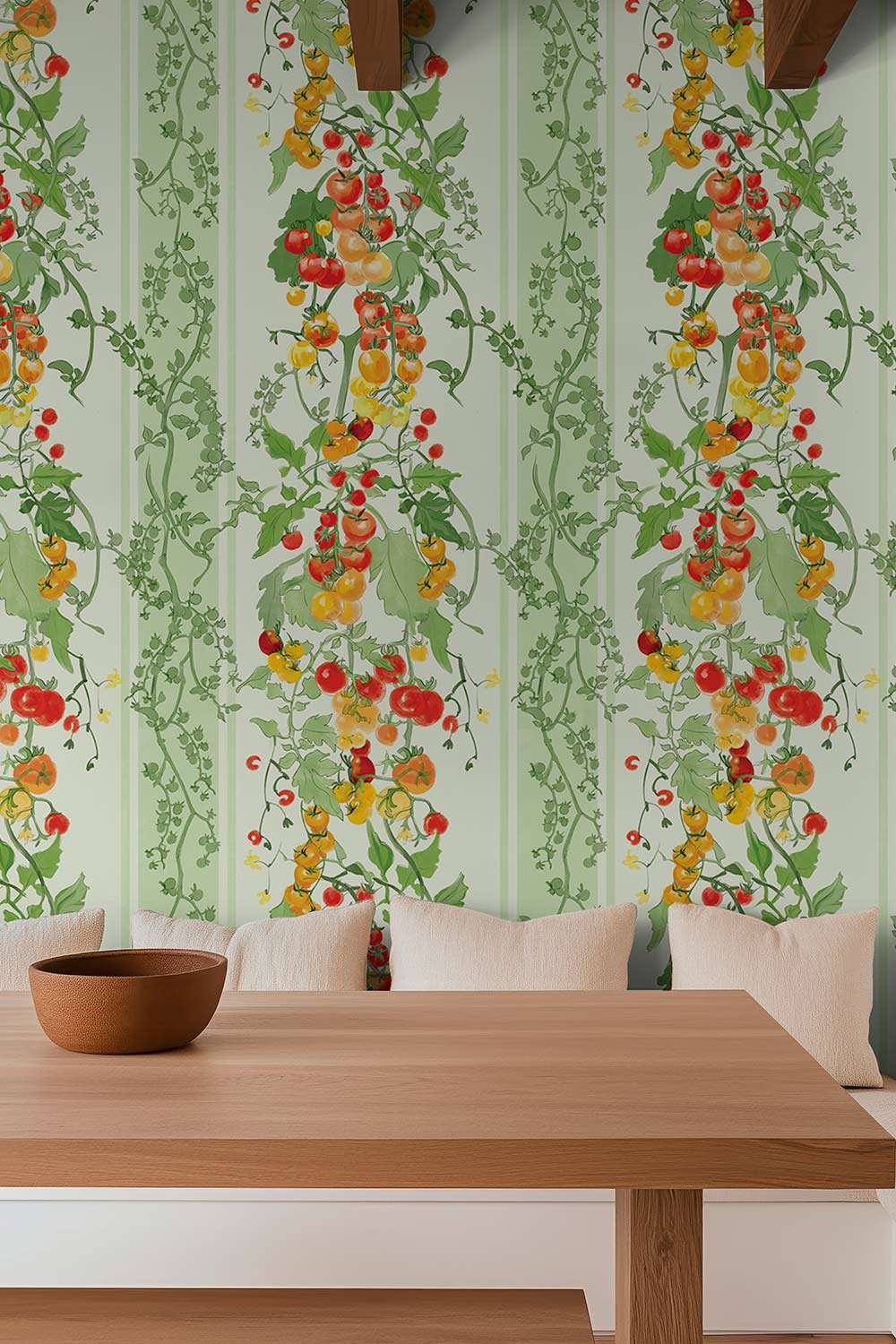 tomato wallpaper, vegetable wallpaper, stripe wallpaper, kitchen wallpaper, garden wallpaper, red green wallpaper, botanical stripe, farmers market wallpaper, kids wallpaper, watercolor wallpaper, luxury wallpaper, print on eco-friendly traditional matte wall-covering; perfect for kitchens, dining rooms and restaurants