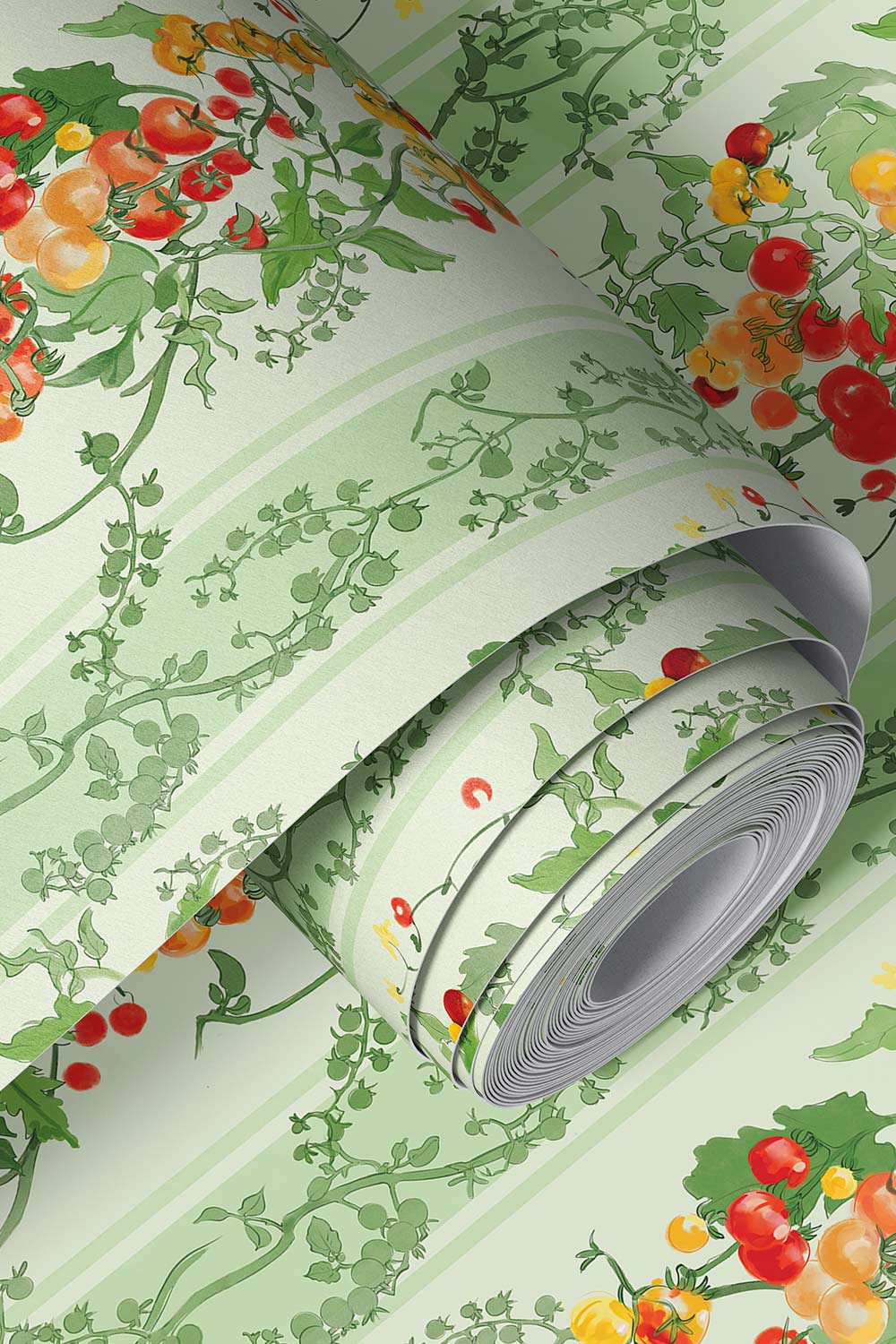tomato wallpaper, vegetable wallpaper, stripe wallpaper, kitchen wallpaper, garden wallpaper, red green wallpaper, botanical stripe, farmers market wallpaper, kids wallpaper, watercolor wallpaper, luxury wallpaper, print on performance vinyl wallpaper that is stain and moisture resistant, restaurant wallpaper, fire rated wallpaper, commercial grade wallpaper