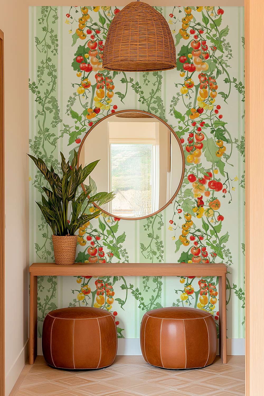 tomato wallpaper, vegetable wallpaper, stripe wallpaper, kitchen wallpaper, garden wallpaper, red green wallpaper, botanical stripe, farmers market wallpaper, kids wallpaper, watercolor wallpaper, luxury wallpaper, print on performance vinyl wallpaper that is stain and moisture resistant, restaurant wallpaper, fire rated wallpaper, commercial grade wallpaper; perfect for bars, restaurants, kitchens and dining rooms and entryways