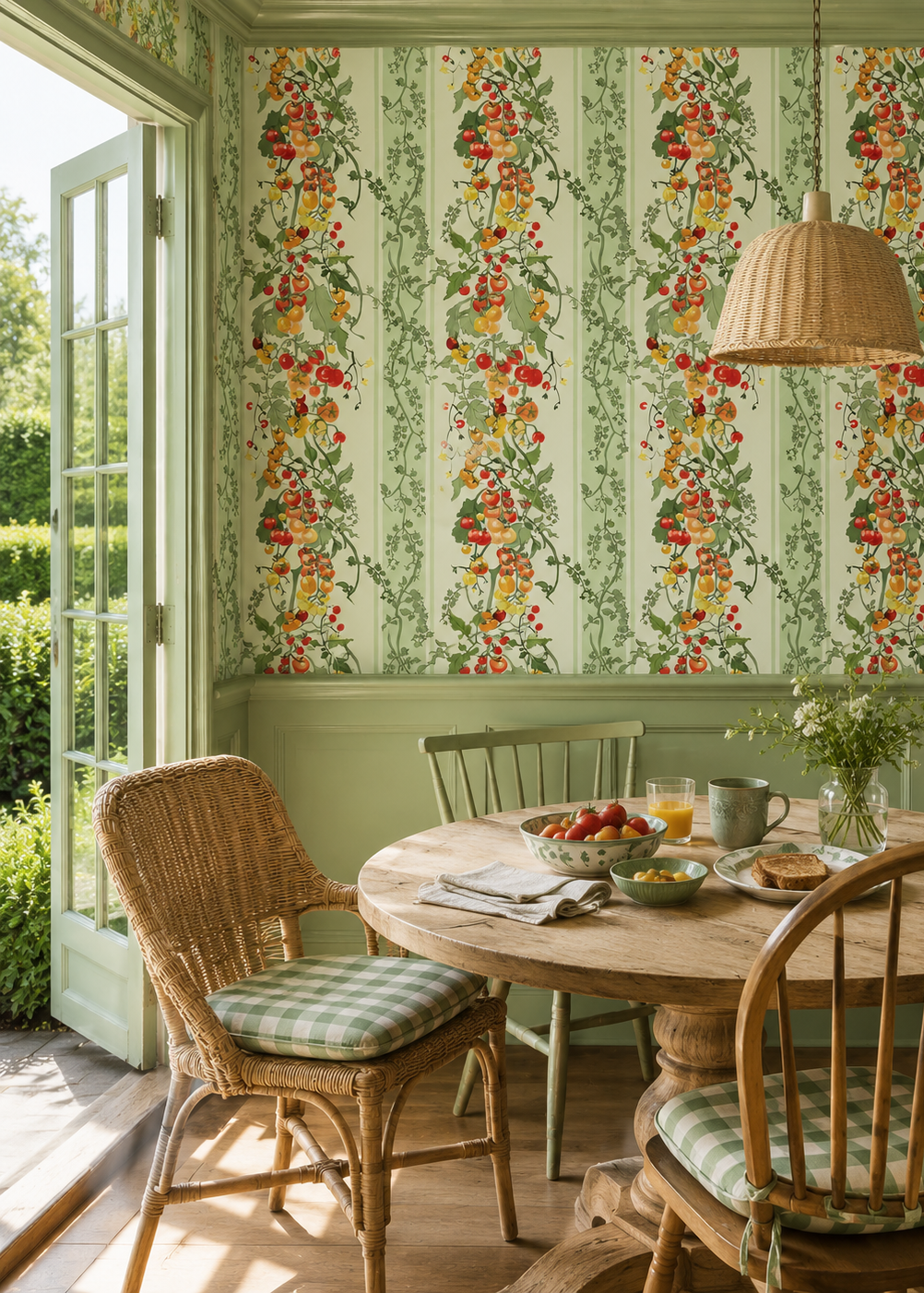 A styled dining room corner featuring light green wallpaper with vertical floral vine patterns, a round wooden table, wicker and wood chairs with green-and-white check cushions, and a woven pendant light hanging above. tomato wallpaper, vegetable wallpaper, stripe wallpaper, kitchen wallpaper, garden wallpaper, red green wallpaper, botanical stripe, farmers market wallpaper, kids wallpaper, watercolor wallpaper, luxury wallpaper, print on eco-friendly traditional matte wall-covering; perfect for kitchens, d