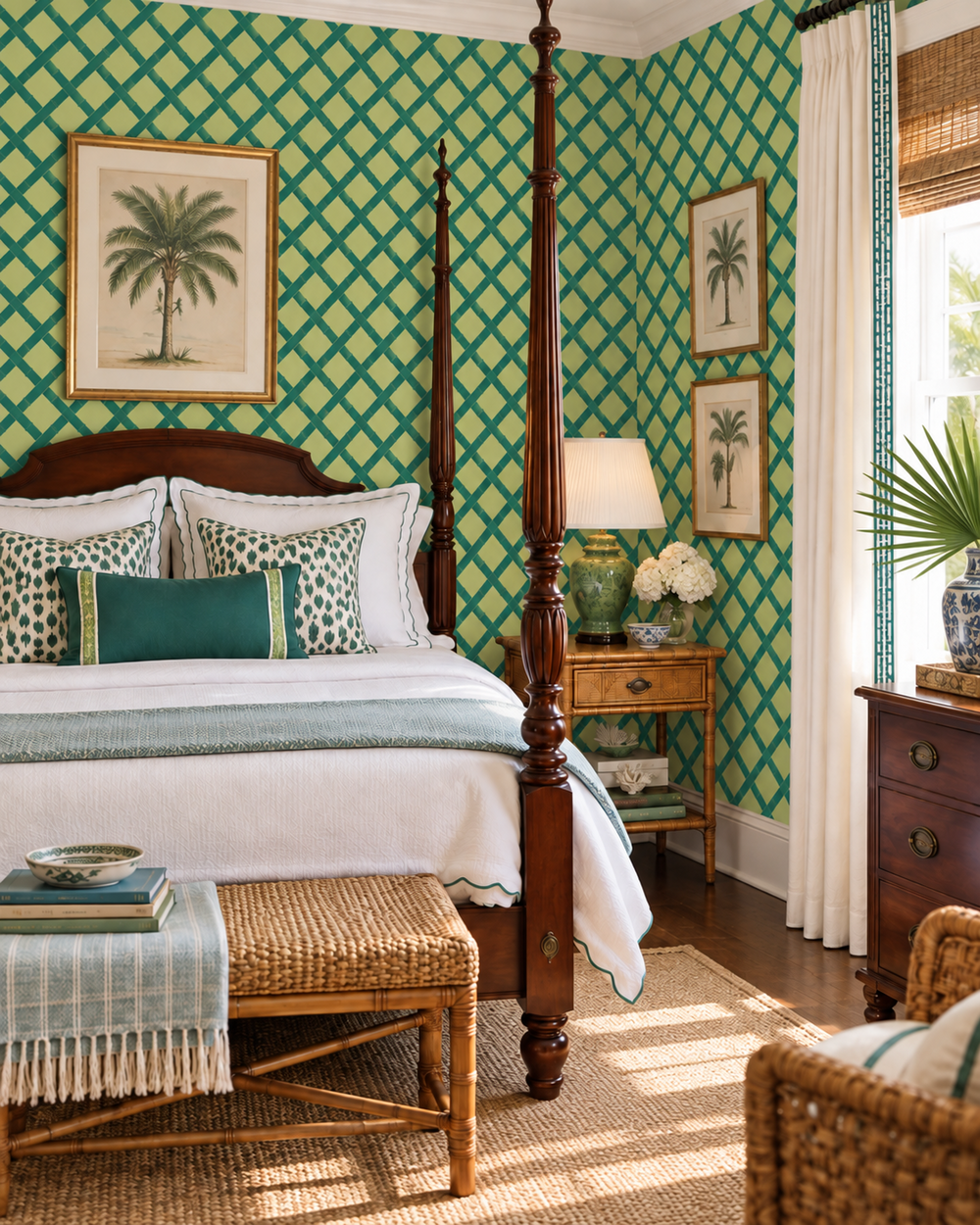 A styled bedroom interior featuring a four-poster bed with white bedding, patterned pillows, a woven bench at the foot of the bed, green-and-white geometric wallpaper, framed palm tree prints, and natural wood furniture. Tropicana Trellis Boxwood Green geometrical luxury traditional matte wallpaper.