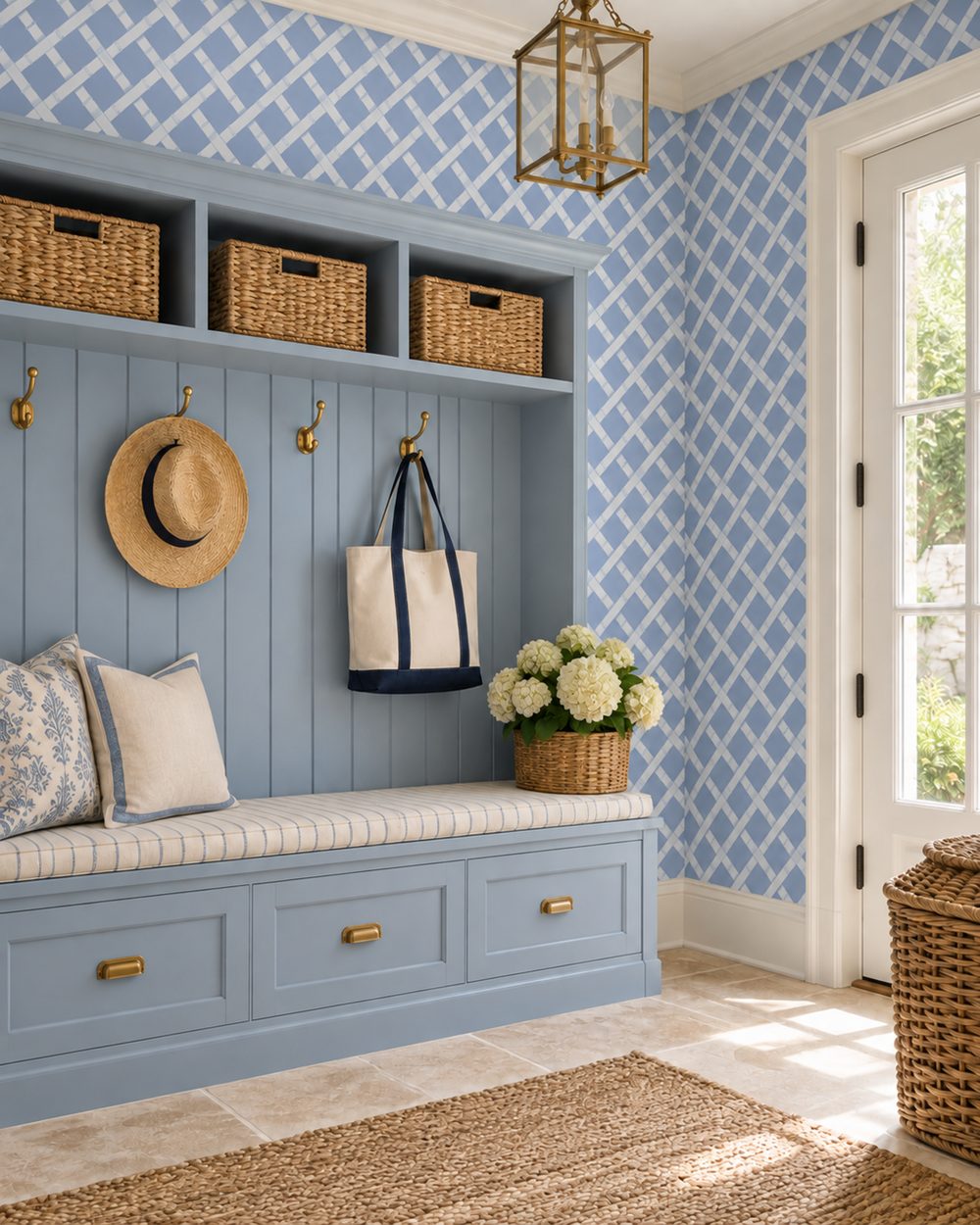 A styled entryway featuring a light blue built-in bench with storage cubbies, brass hooks, a woven straw hat, a navy and cream tote bag, a basket of white flowers, and blue-and-white patterned wallpaper. garden inspired trellis geometric stripe in traditional blue and white printed on commercial grade water and stain resistant performance vinyl wall-covering, great for bathrooms, kitchens and commercial spaces