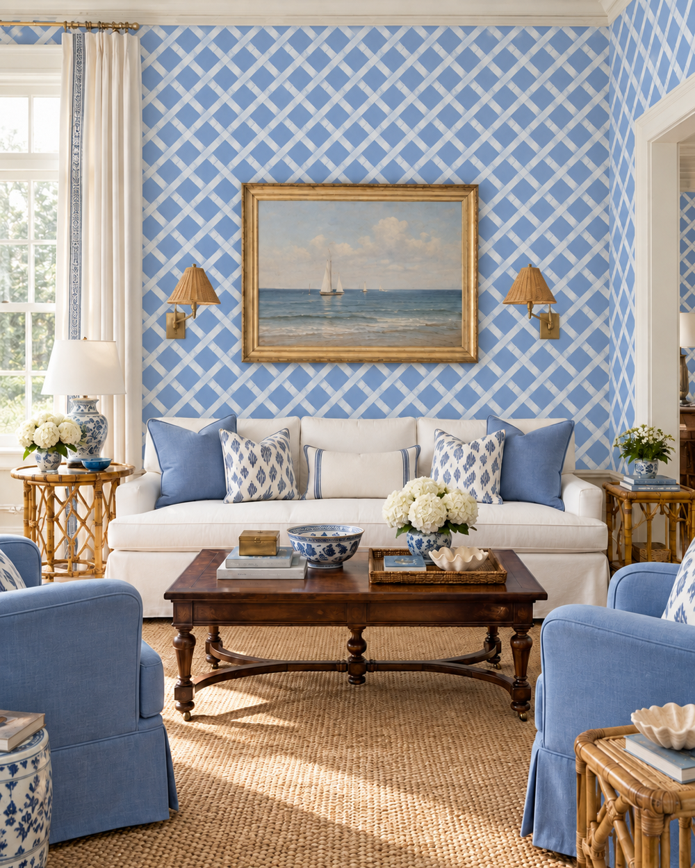 A beautifully styled living room featuring a white sofa with blue and white patterned pillows, a blue armchair, a wooden coffee table, and a prominent wall covered in a blue and white geometric lattice pattern. A gold-framed painting of a sailboat is mounted on the wall above the sofa. with all-natural elevated grass-cloth wall-covering printed with traditional blue and white lattice geometric layout