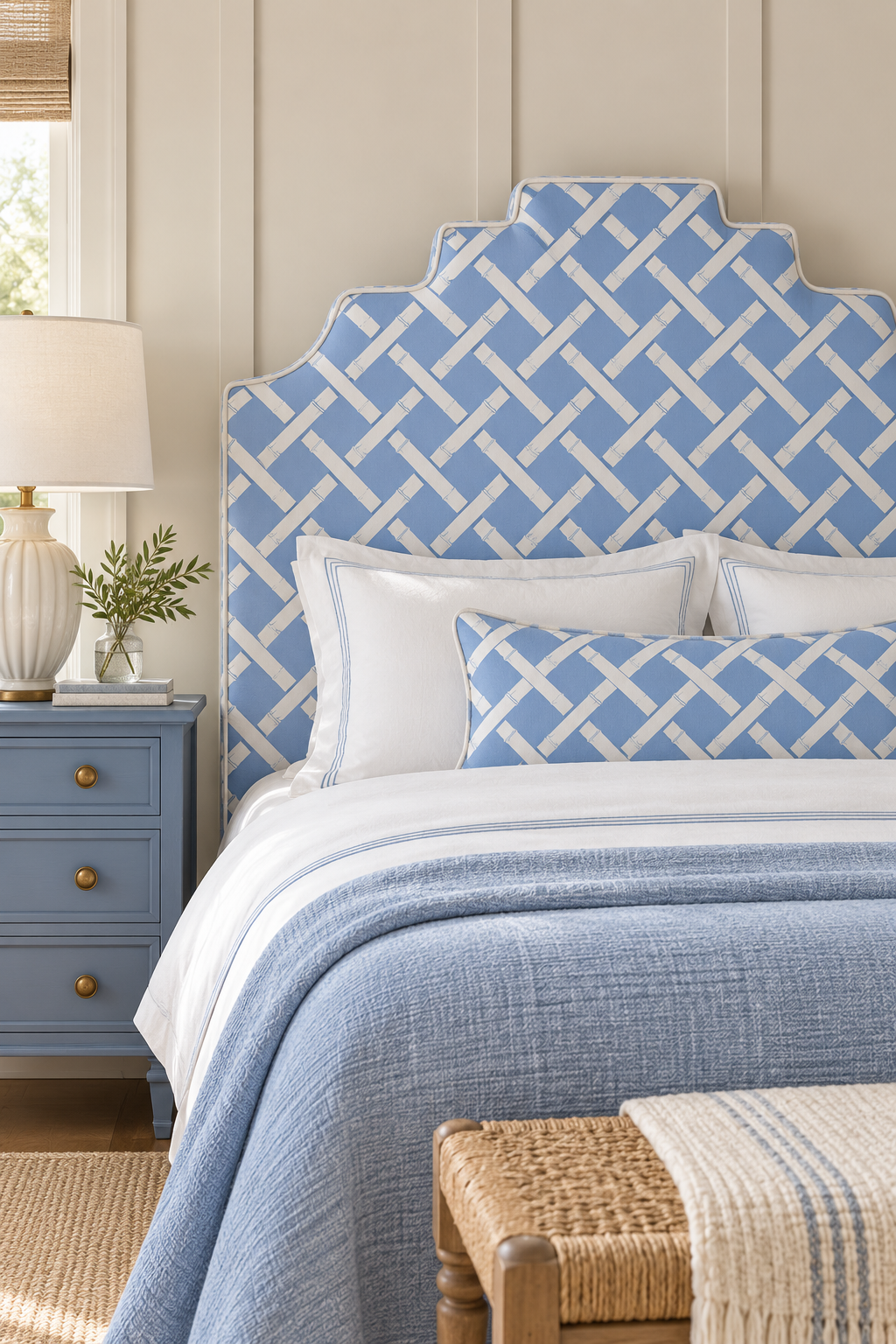 A styled bedroom scene featuring a bed with a prominent blue and white geometric patterned headboard, matching blue and white bedding, a blue nightstand, and a woven bench in the foreground.