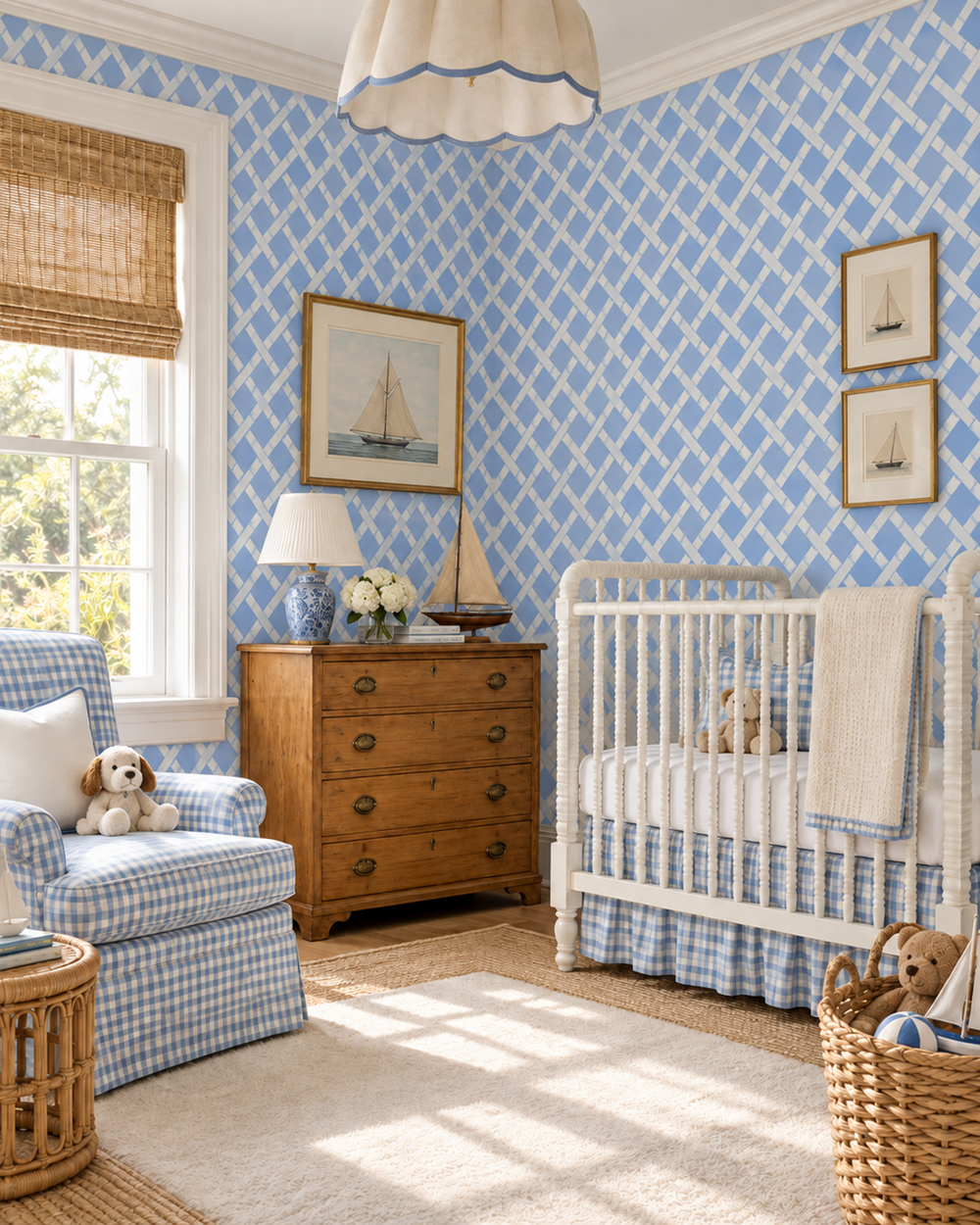 A styled nursery room featuring light blue and white geometric pattern wallpaper, a white wooden crib, a blue-and-white gingham armchair, a wooden dresser, and a beige rug. traditional cornflower and white striped lattice wall-covering