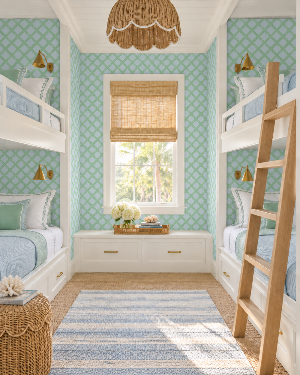 A bright, styled children's bedroom featuring two sets of white bunk beds with light blue bedding, a natural wood ladder, a blue and white striped rug, and mint green patterned wallpaper.