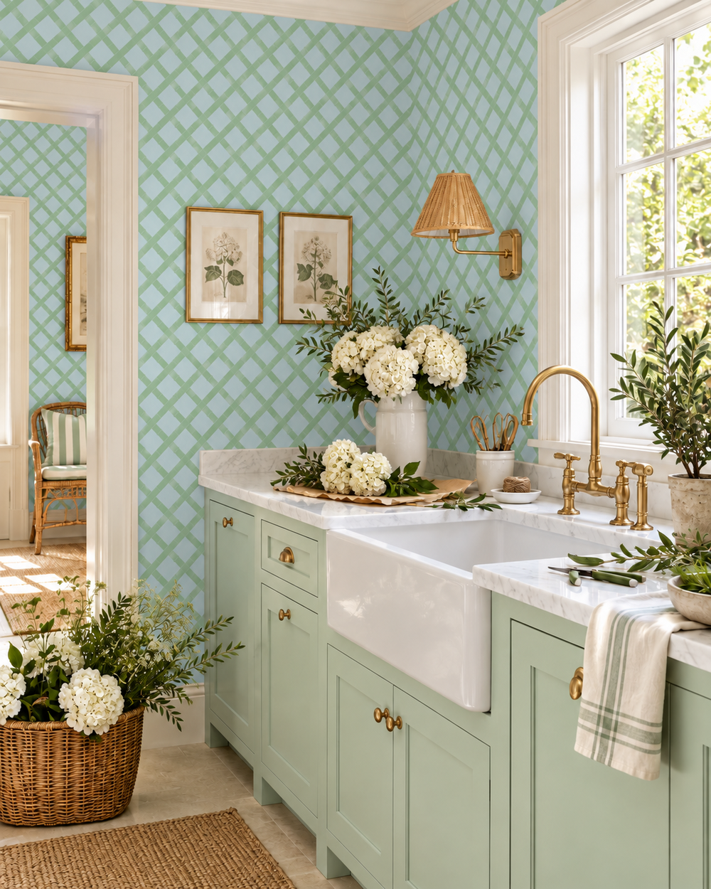 flower cutting station in traditional house featuring light blue and green bamboo trellis geometrical wallpaper printed on performance vinyl wallpaper that is washable and stain resistant; great for bathrooms, kitchens and high traffic spaces.