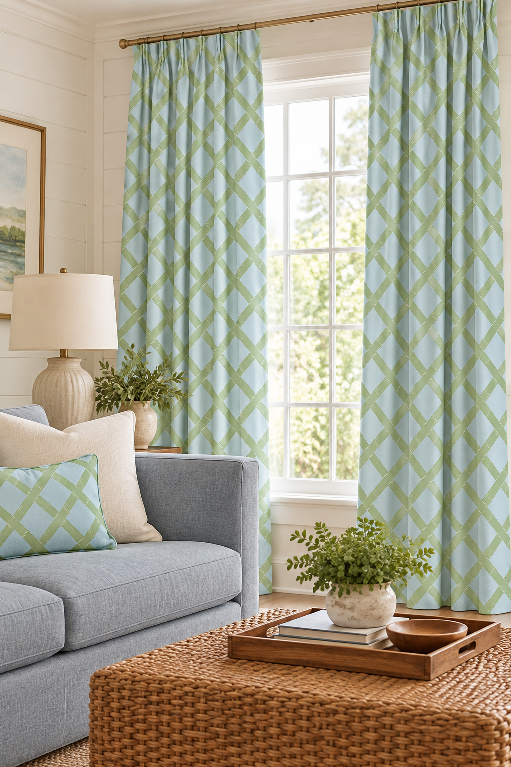 A pair of light blue and green patterned curtains hanging on a gold rod in a bright, modern living room with a gray sofa and a wicker coffee table.