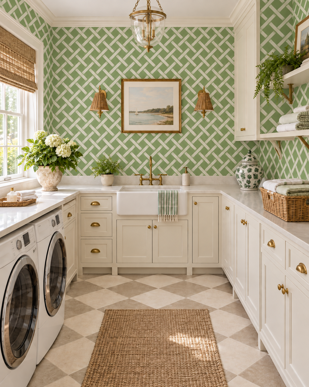 A bright, stylish laundry room featuring a green and white geometric wallpapered wall, white shaker-style cabinets with brass handles, a white farmhouse sink, a checkered tile floor, and a woven jute rug. Tropicana trellis geometrical bamboo wallpaper in garden green on white printed on performance vinyl wallpaper that is moisture and stain resistant. perfect for bathrooms, laundry rooms, kitchens and high traffic spaces.