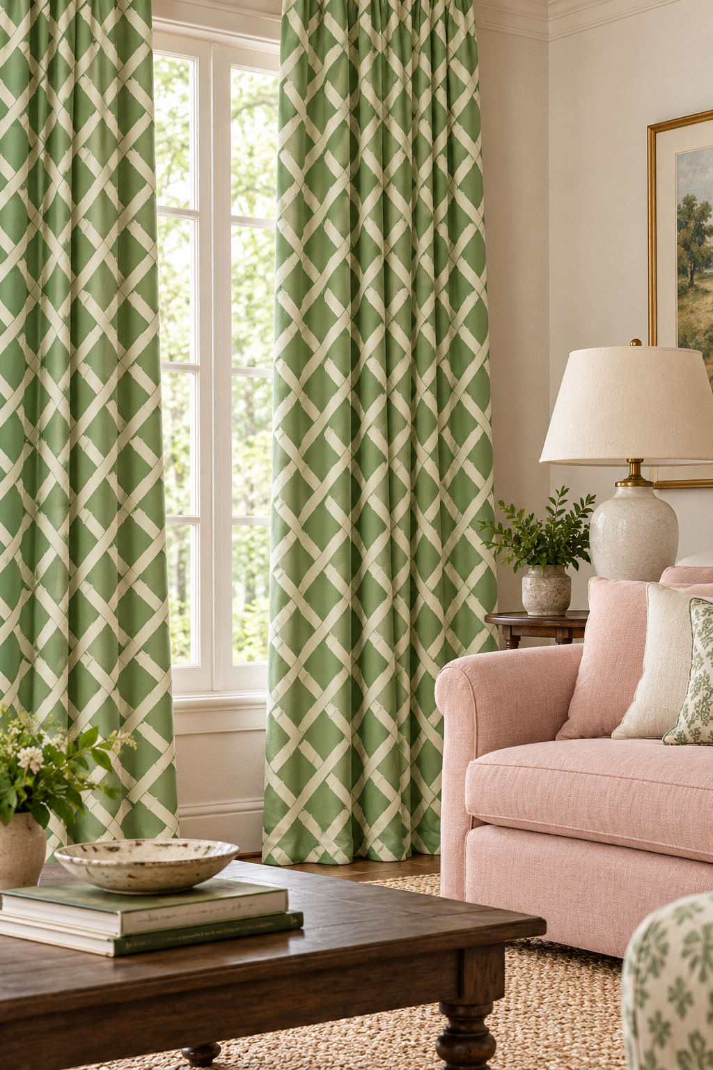 Geometric trellis upholstery fabric inspired by classic garden structures, featuring a balanced, stripe-like layout in bright garden green and white featured on this custom window drapes in a traditional living room