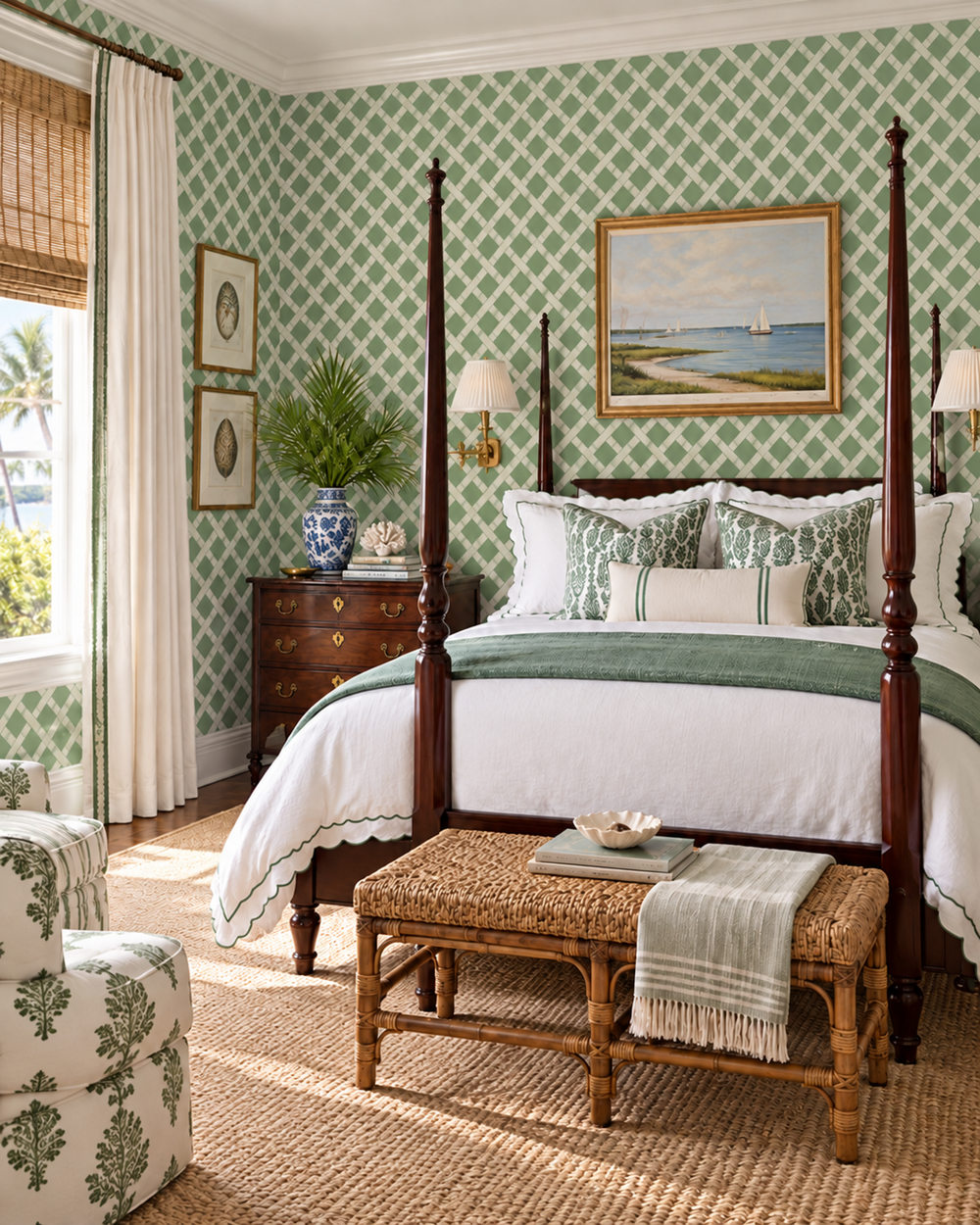 A styled bedroom interior featuring a dark wood four-poster bed dressed in white and green patterned bedding, set against green-and-white patterned wallpaper. A woven bench sits at the foot of the bed, with a dresser, lamps, framed wall art, and a window with sheer drapes visible.