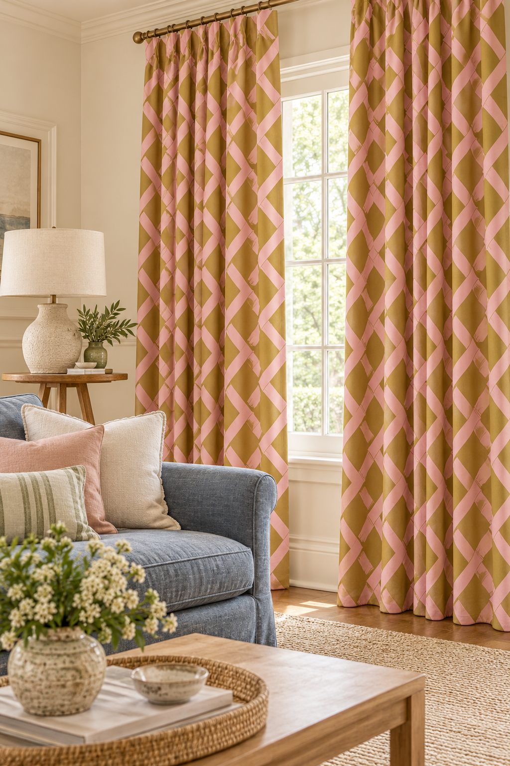 Geometric trellis upholstery fabric inspired by classic garden structures, featuring a balanced, stripe-like layout in pink and bronze featured on this custom window drapes in a traditional living room